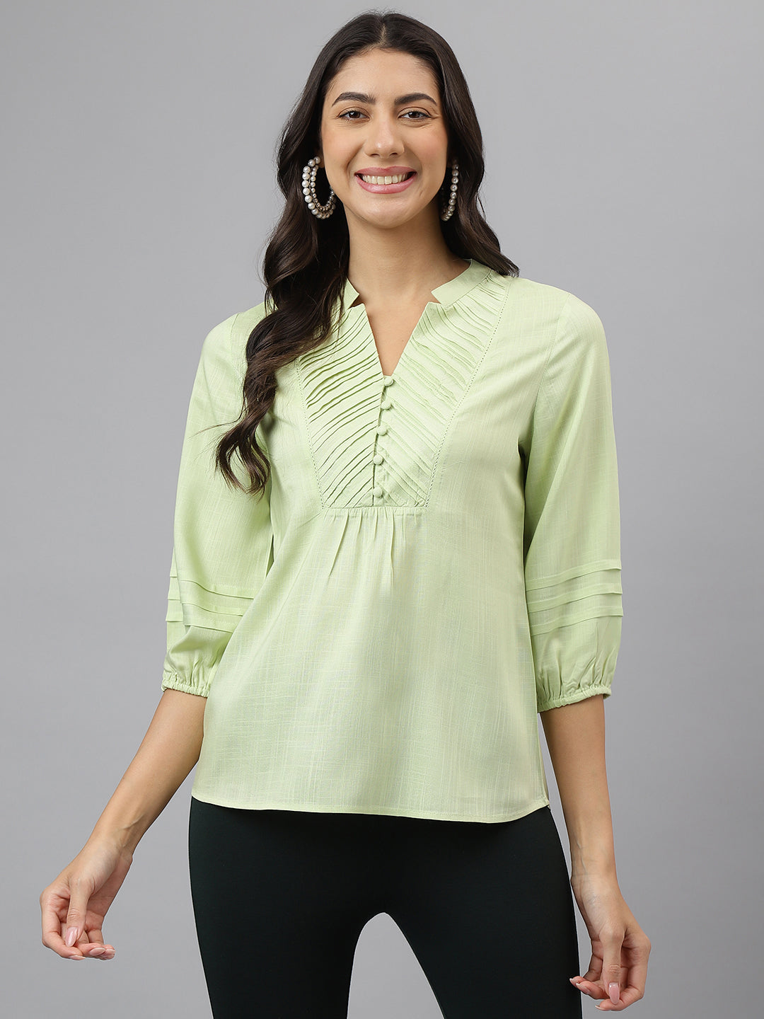 Green Solid 3/4 Sleeve Casual Tunic