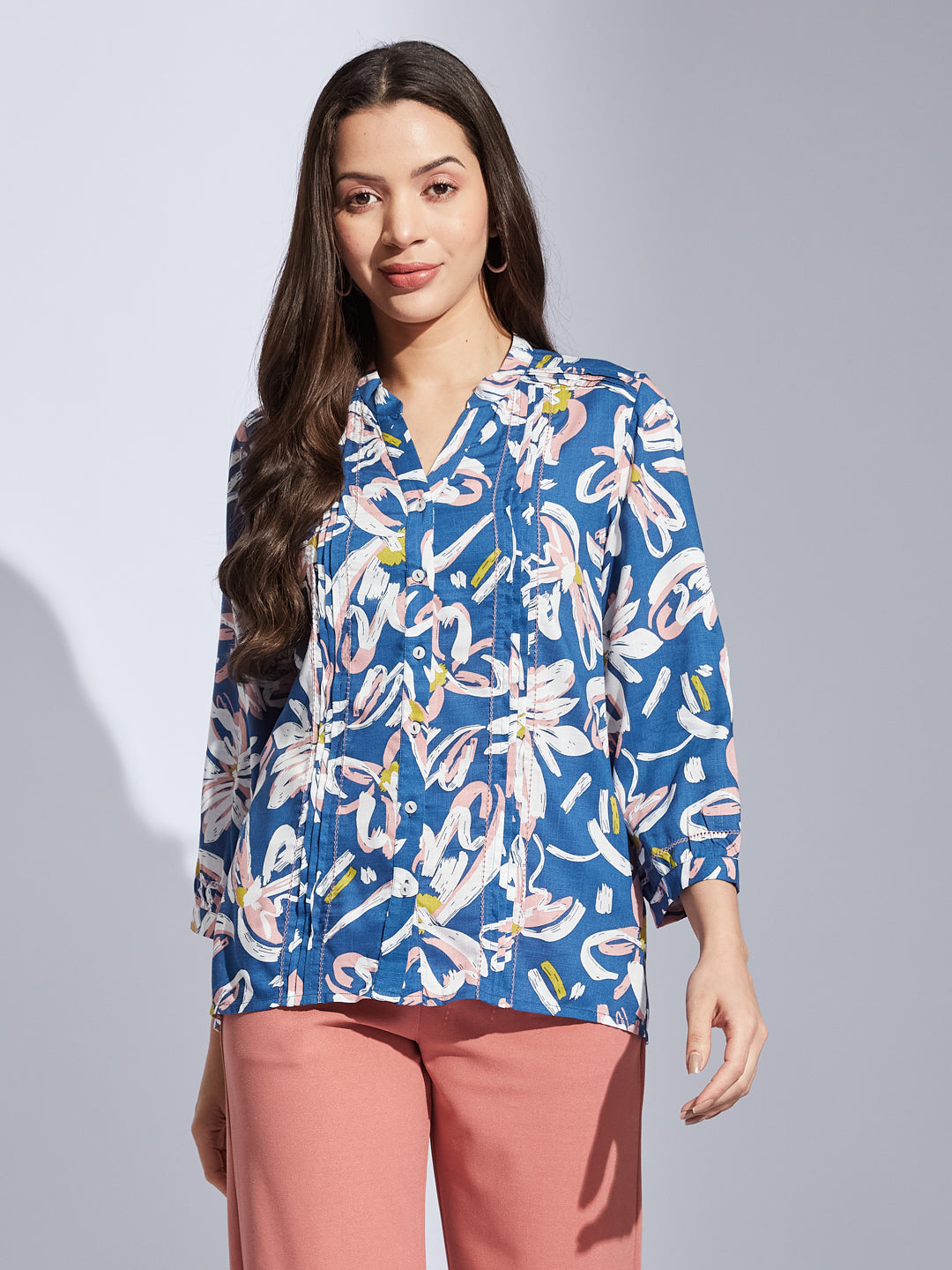 Latin Quarters Women Blue V-Neck 3/4th Sleeves Abstract Floral Print Tunic