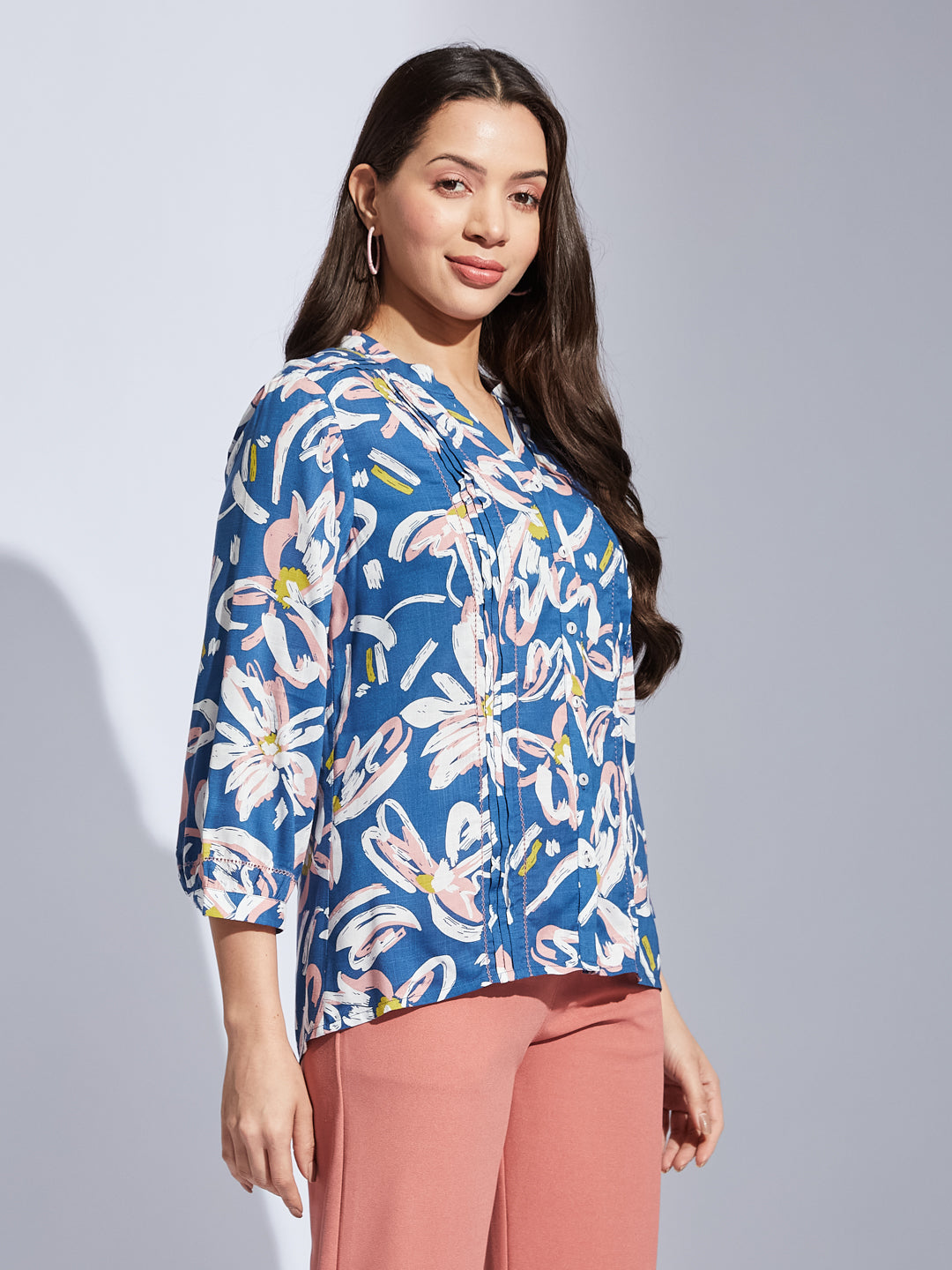 Latin Quarters Women Blue V-Neck 3/4th Sleeves Abstract Floral Print Tunic