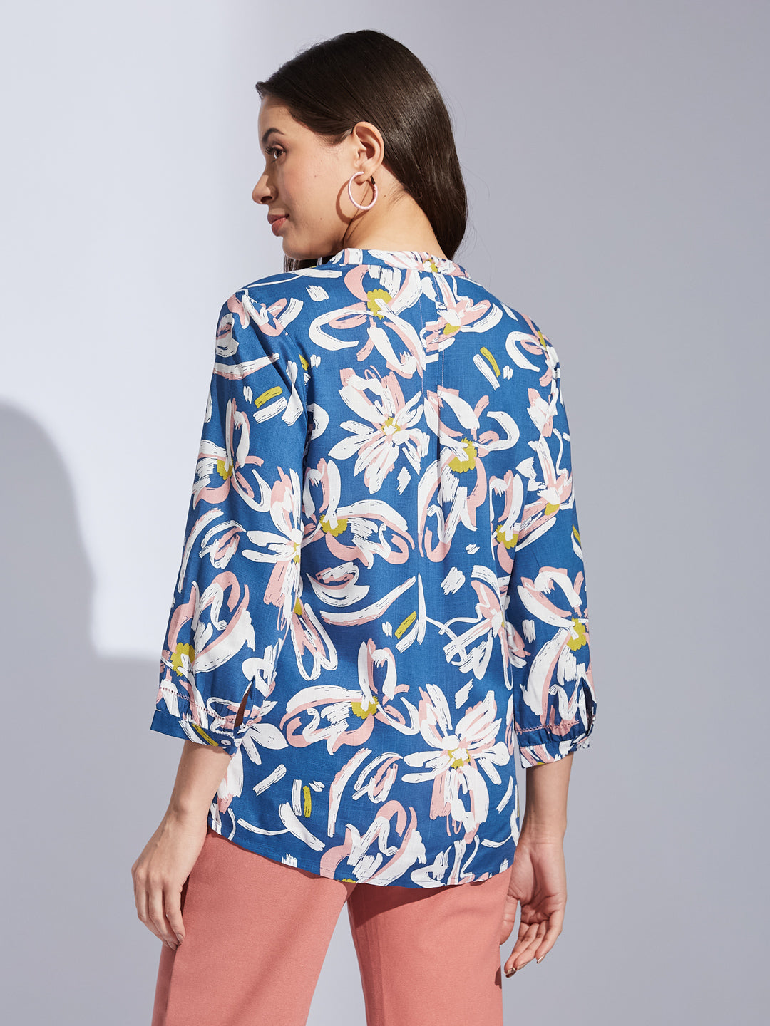 Latin Quarters Women Blue V-Neck 3/4th Sleeves Abstract Floral Print Tunic