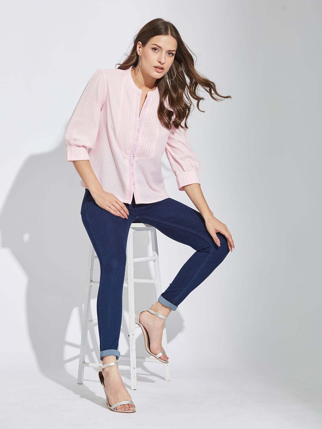 Latin Quarters Women Pink Round Neck 3/4Th Sleeves Solid Tunic Blouse For Casual Wear