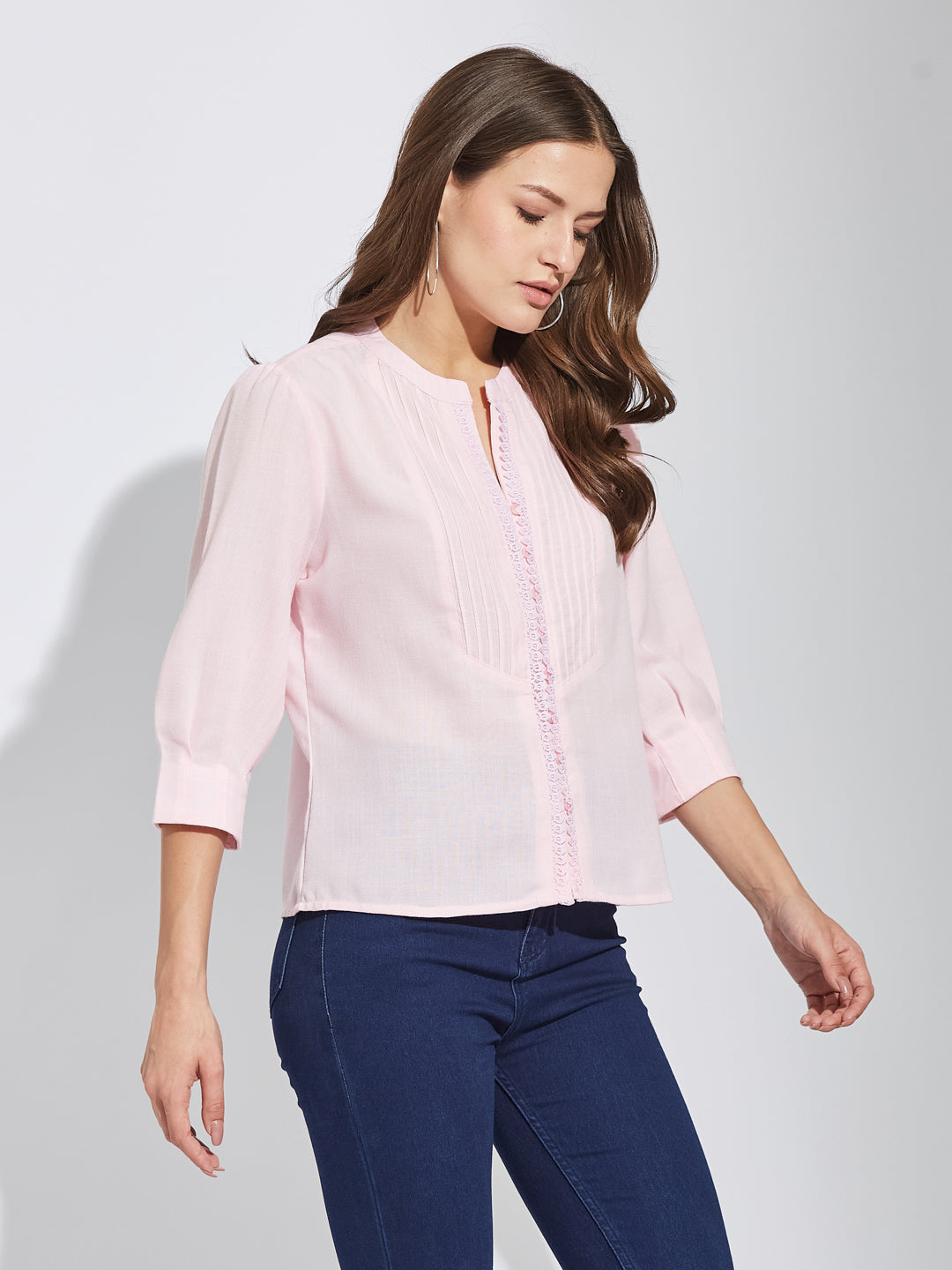 Latin Quarters Women Pink Round Neck 3/4Th Sleeves Solid Tunic Blouse For Casual Wear