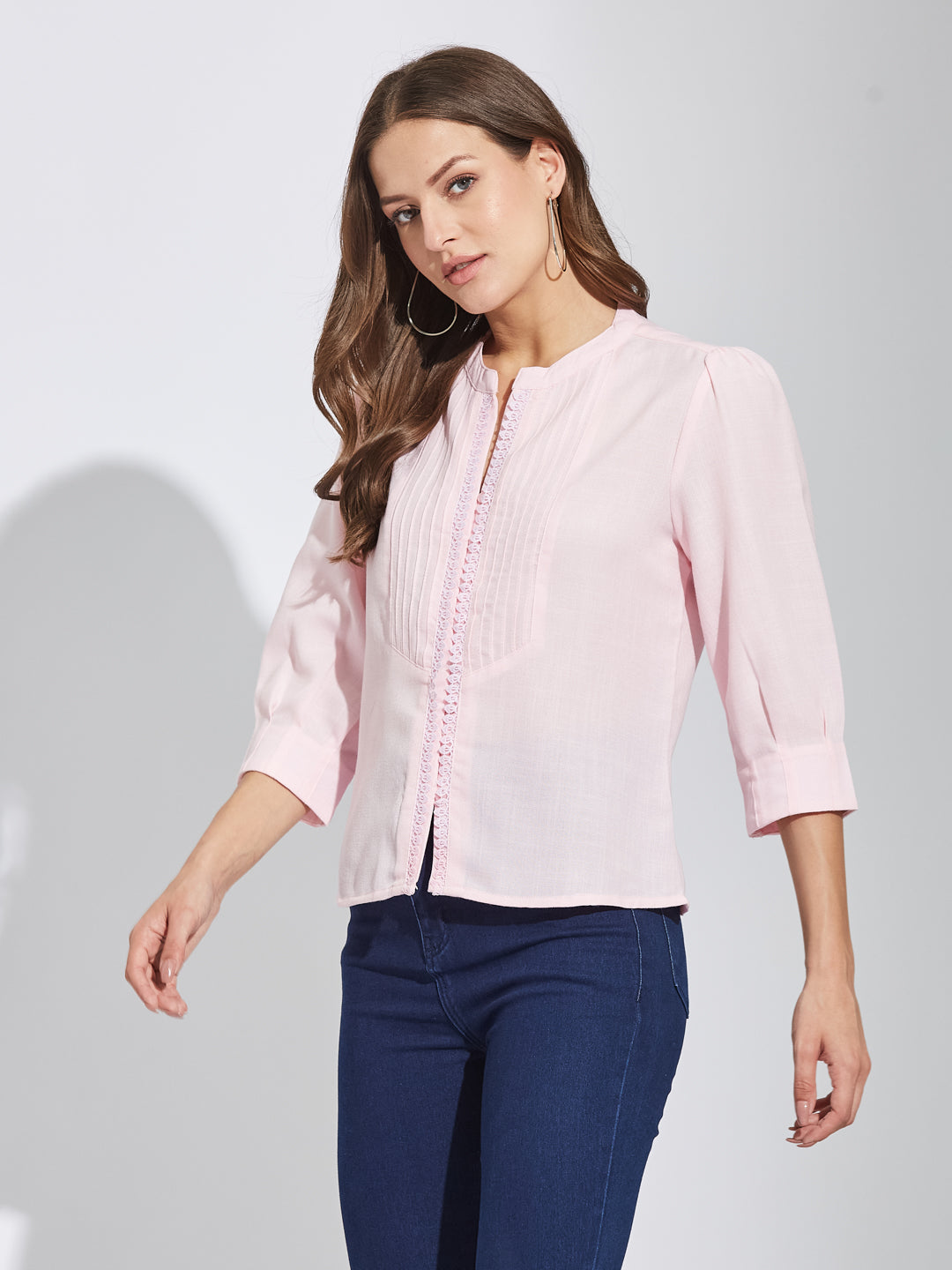 Latin Quarters Women Pink Round Neck 3/4Th Sleeves Solid Tunic Blouse For Casual Wear