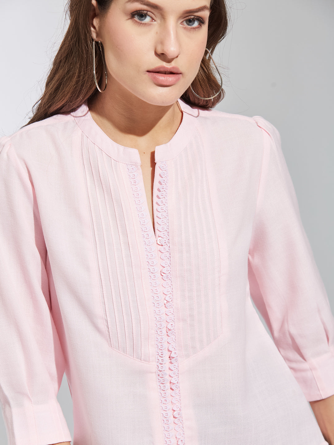 Latin Quarters Women Pink Round Neck 3/4Th Sleeves Solid Tunic Blouse For Casual Wear