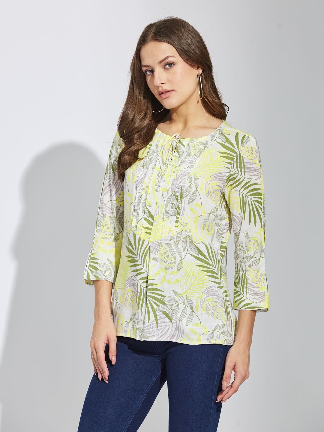 Latin Quarters Women Green Round Neck 3/4th Sleeves Tropical Print Tunic