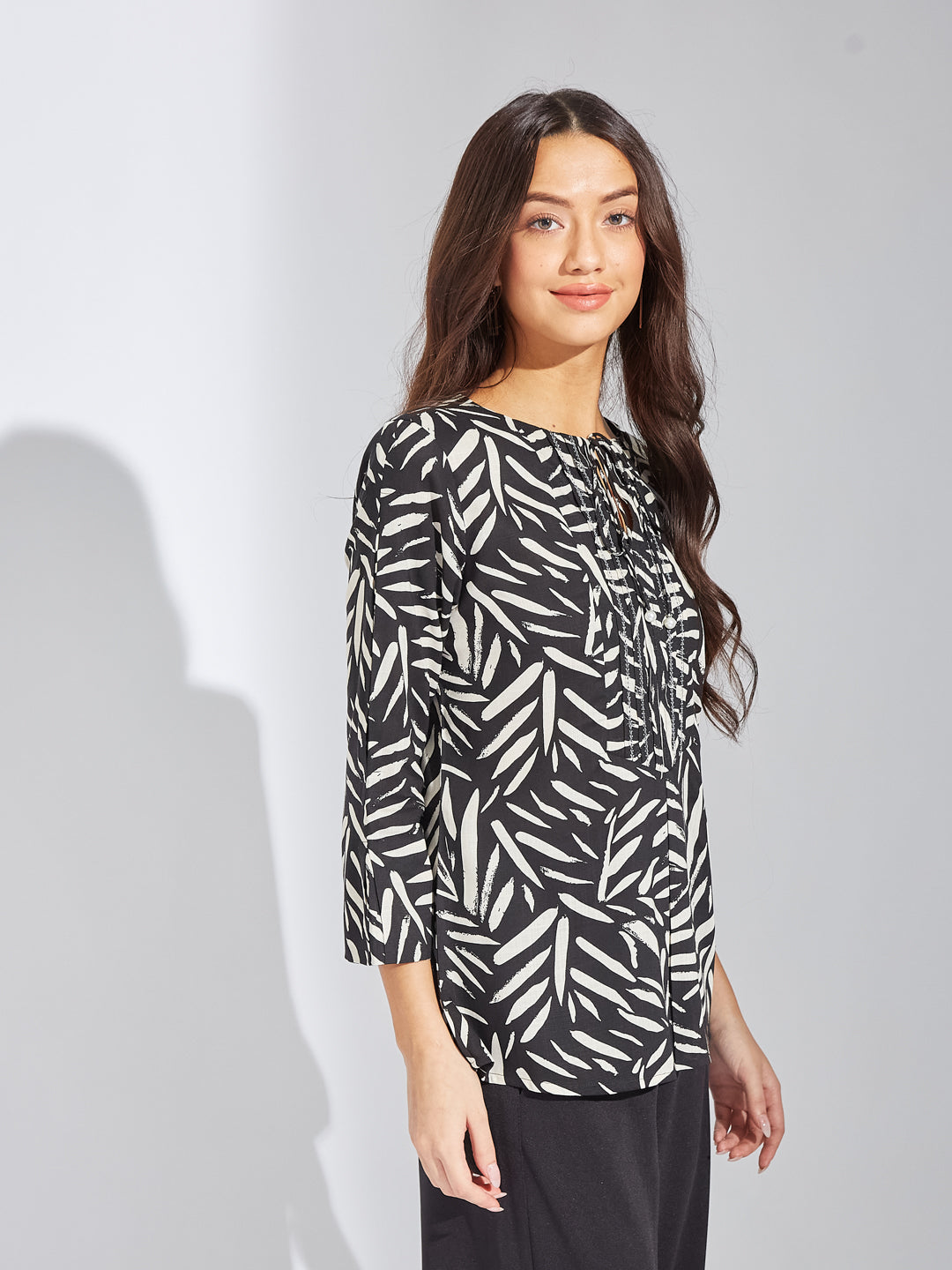 Latin Quarters Women Black Round Neck 3/4th Sleeves Printed Tunic Top For Casual