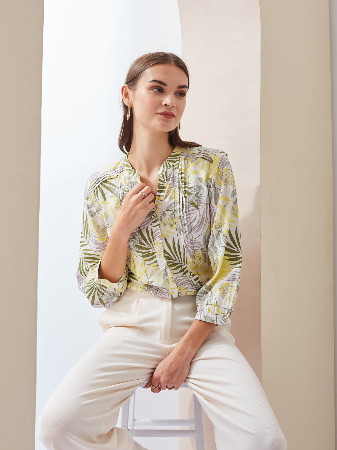 Latin Quarters Women Green Printed Mandarin Collar 3/4th Sleeve Casual Regular Tunic