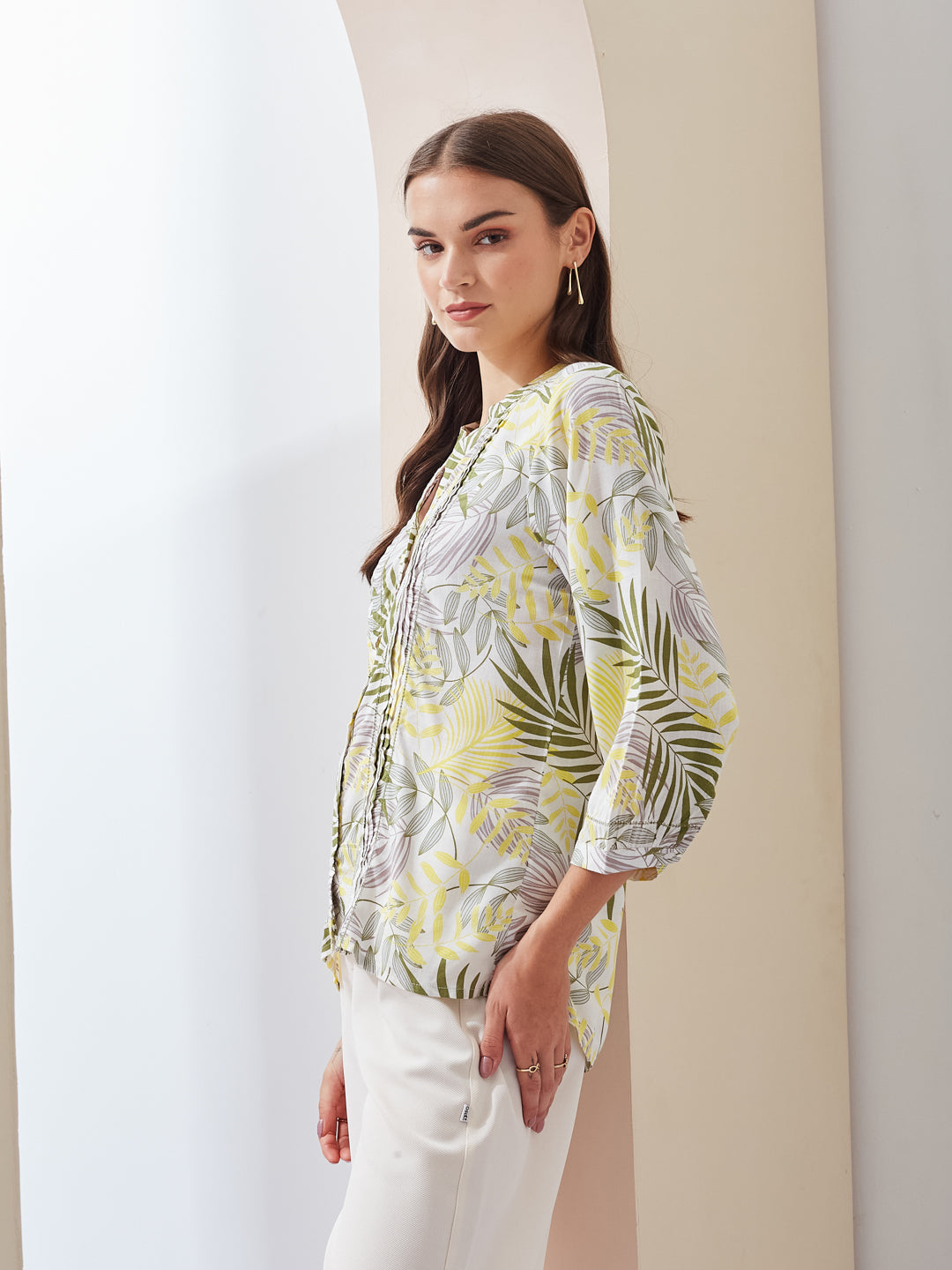 Latin Quarters Women Green Printed Mandarin Collar 3/4th Sleeve Casual Regular Tunic