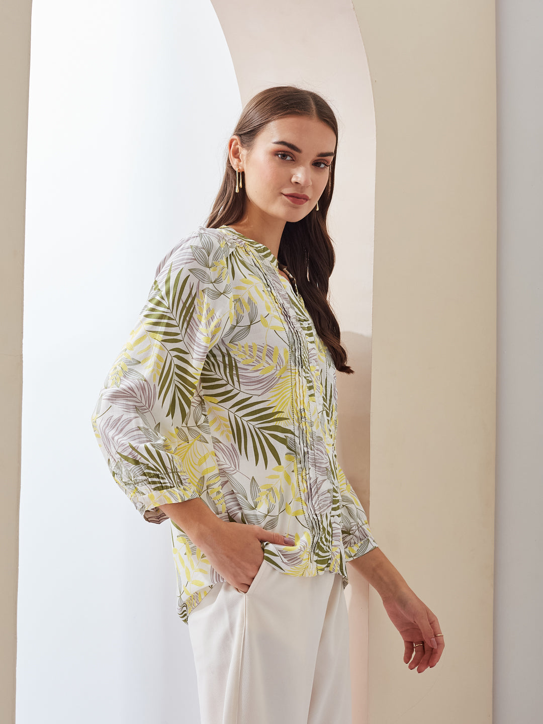 Latin Quarters Women Green Printed Mandarin Collar 3/4th Sleeve Casual Regular Tunic