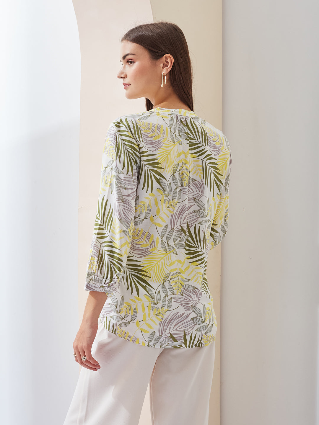 Latin Quarters Women Green Printed Mandarin Collar 3/4th Sleeve Casual Regular Tunic