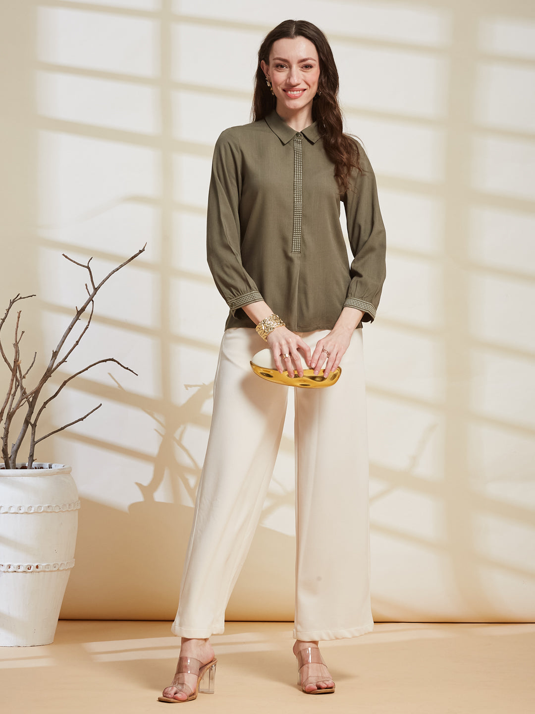 Latin Quarters Women's Olive Solid Collared 3/4Th Sleeve Casual Tunic