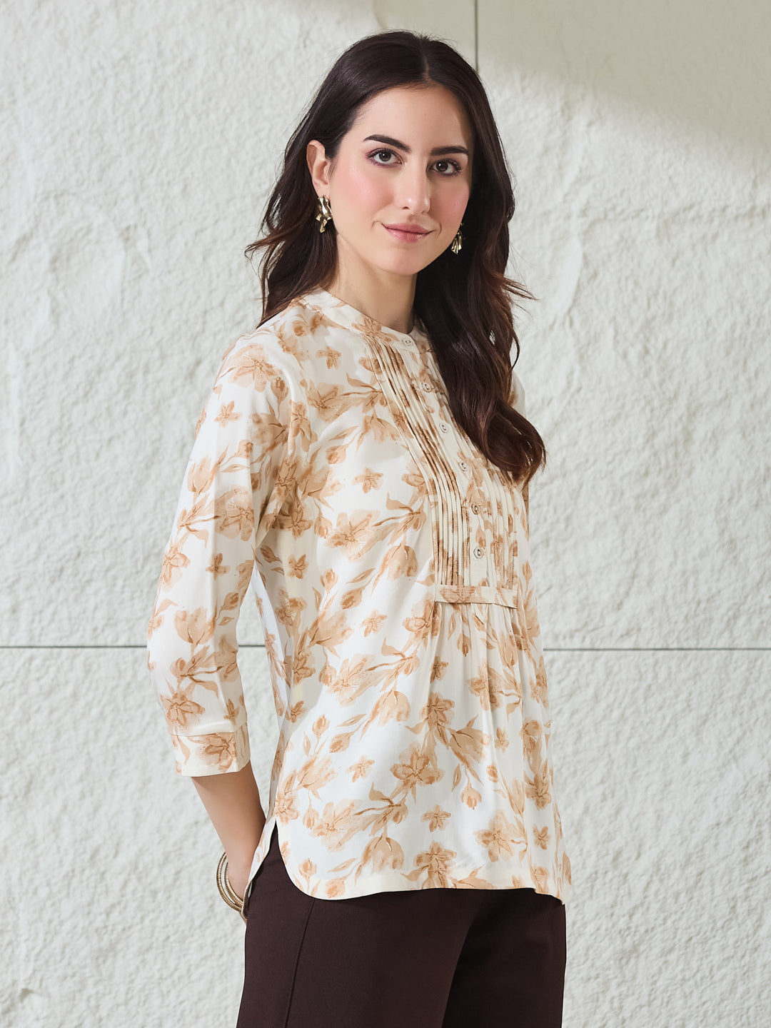 Latin Quarters Women's Beige Printed 3/4Th Sleeves Mandarin Collar Casual Tunic