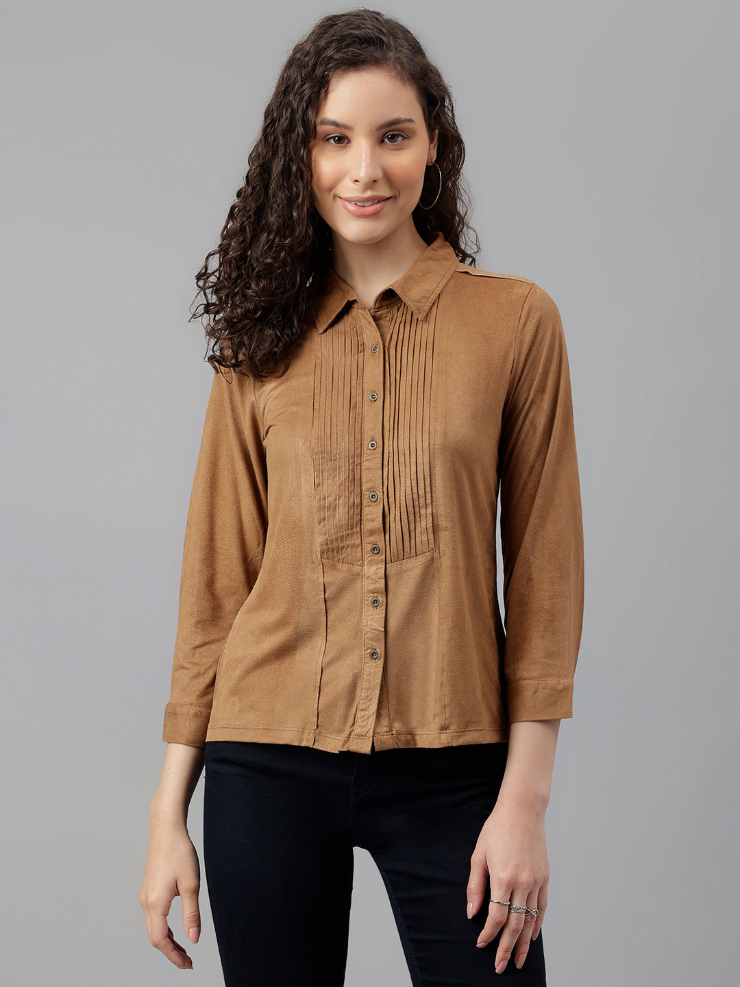 Brown Full Sleeve Solid Shirt Blouse Top