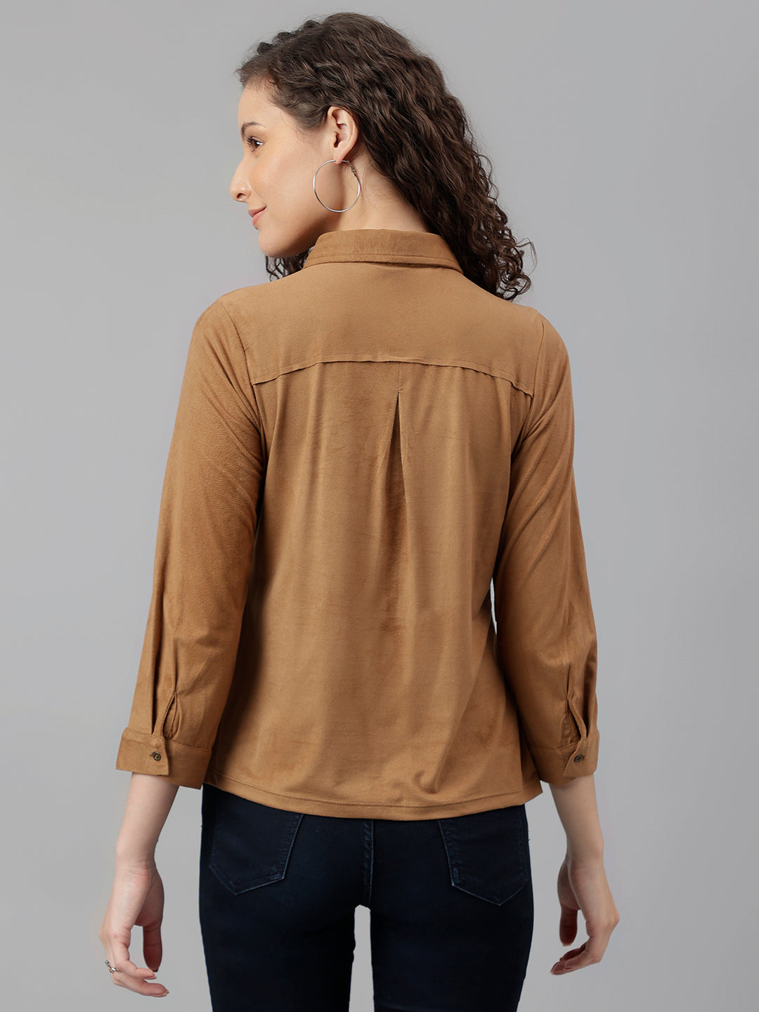 Brown Full Sleeve Solid Shirt Blouse Top