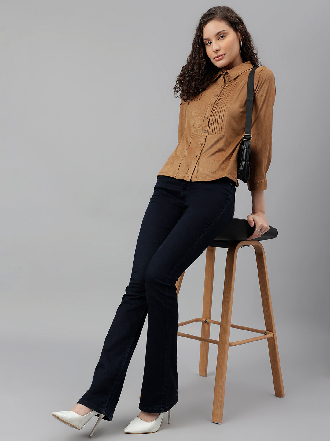 Brown Full Sleeve Solid Shirt Blouse Top