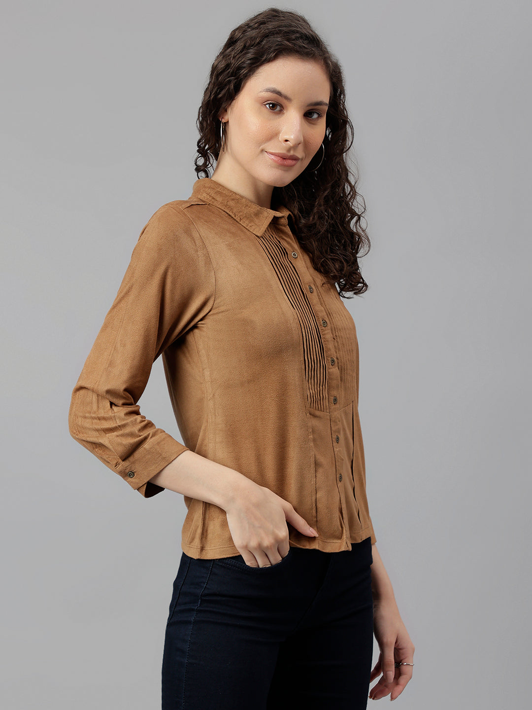 Brown Full Sleeve Solid Shirt Blouse Top