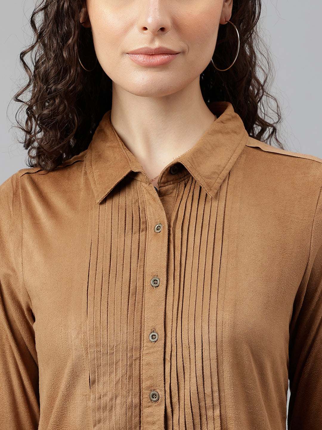 Brown Full Sleeve Solid Shirt Blouse Top