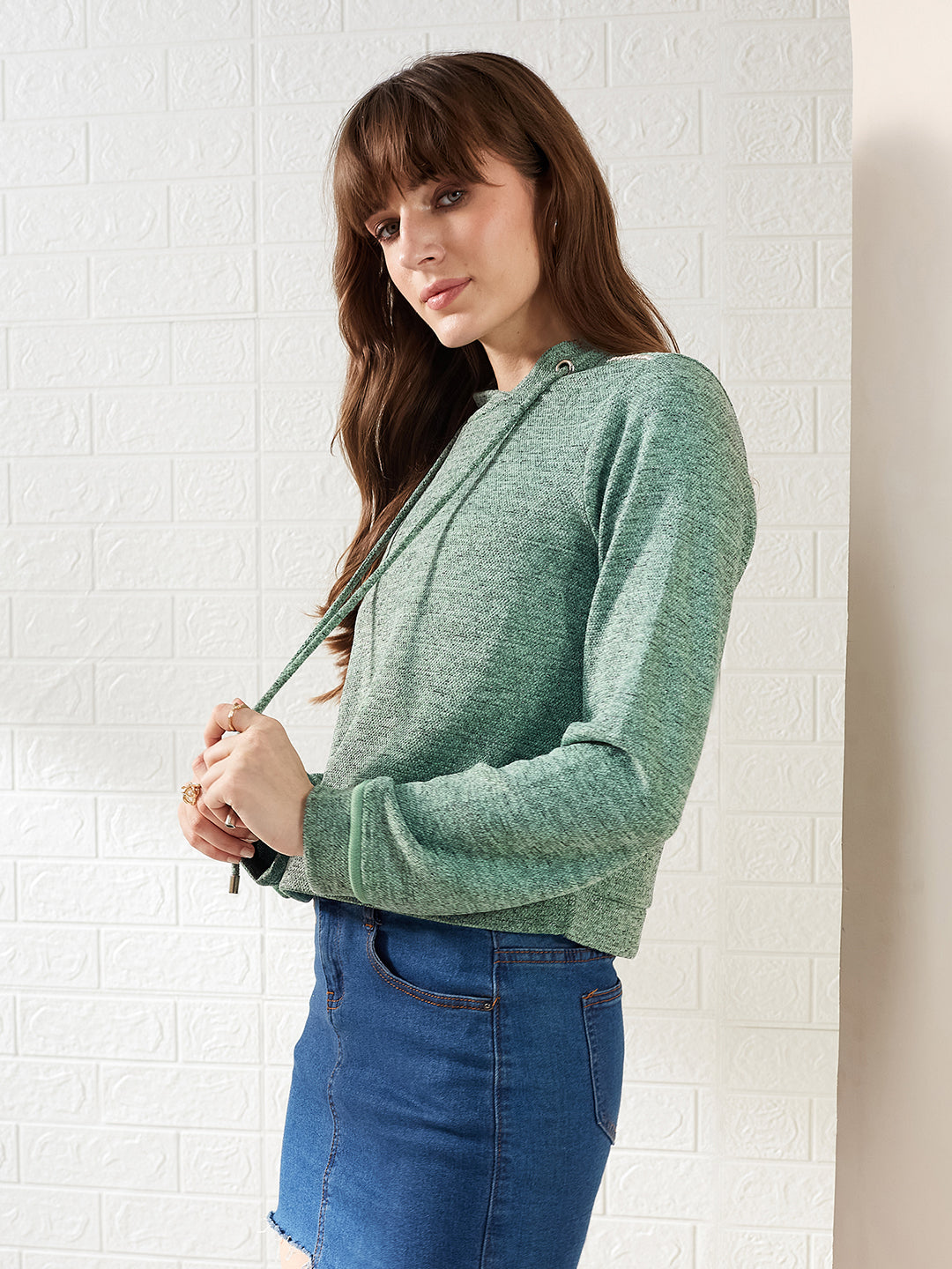 Latin Quarters Women's Green Full Sleeves Stand Collar Self Design Casual Crop Sweatshirt
