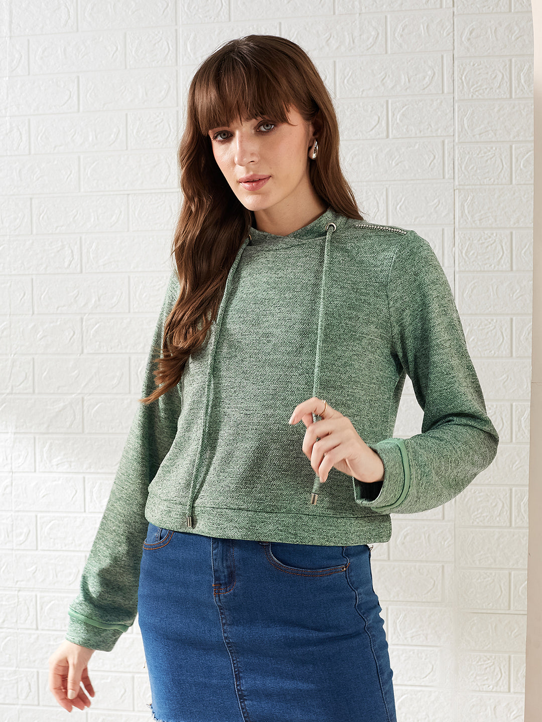 Latin Quarters Women's Green Full Sleeves Stand Collar Self Design Casual Crop Sweatshirt