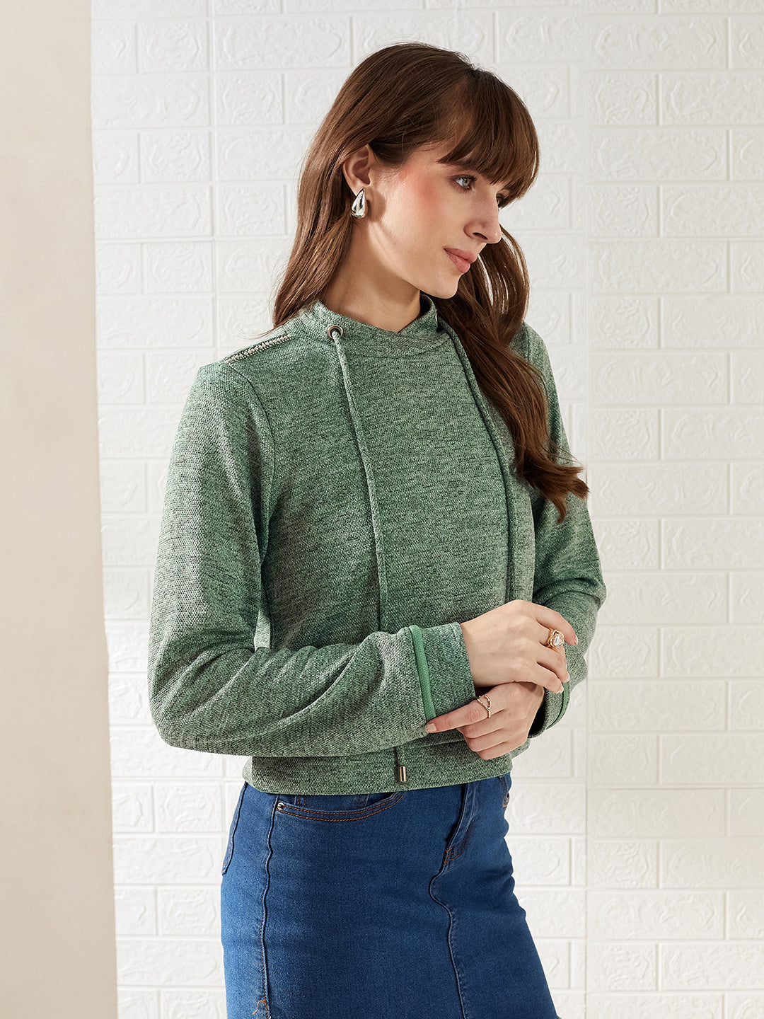 Latin Quarters Women's Green Full Sleeves Stand Collar Self Design Casual Crop Sweatshirt