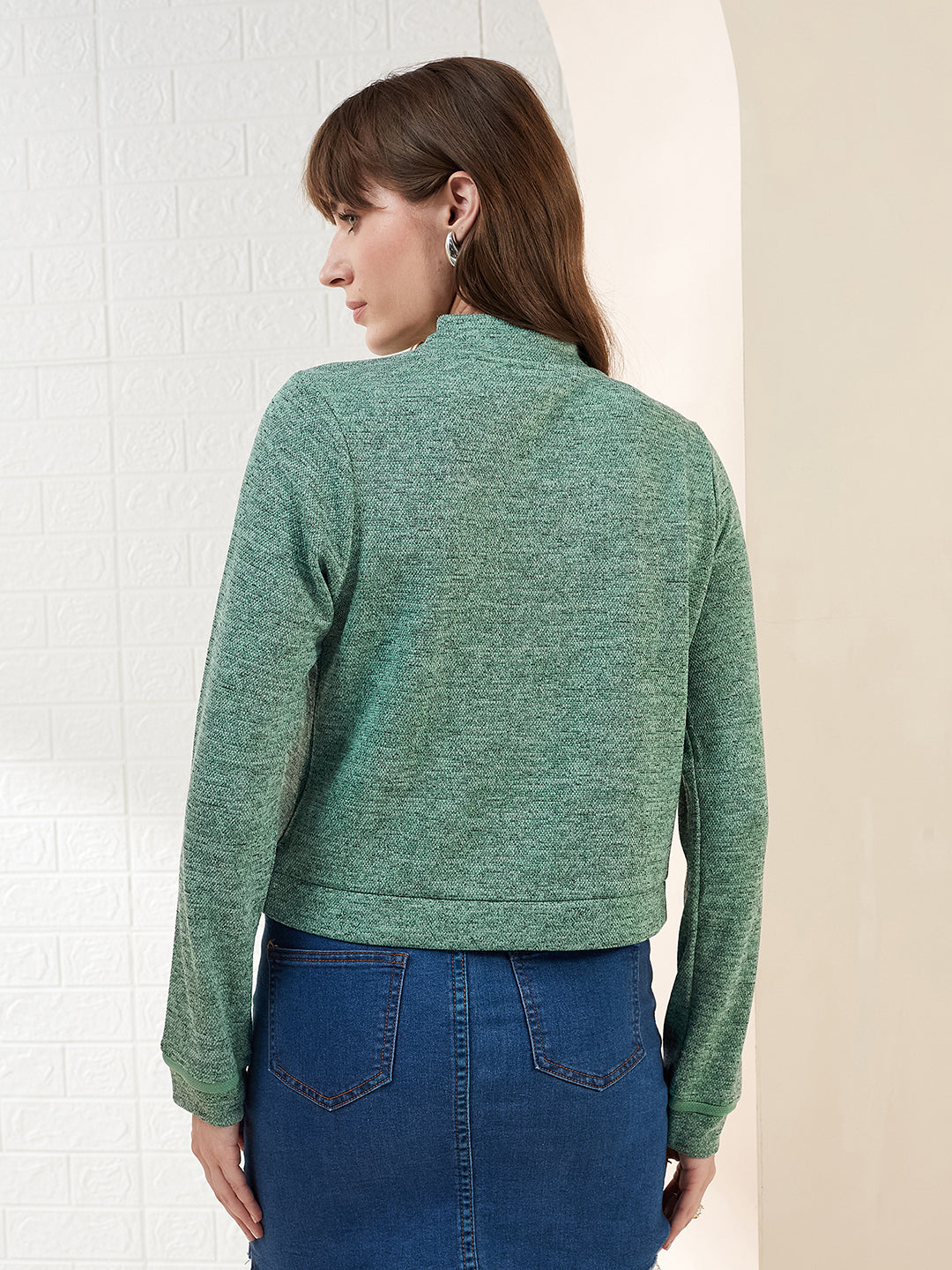 Latin Quarters Women's Green Full Sleeves Stand Collar Self Design Casual Crop Sweatshirt