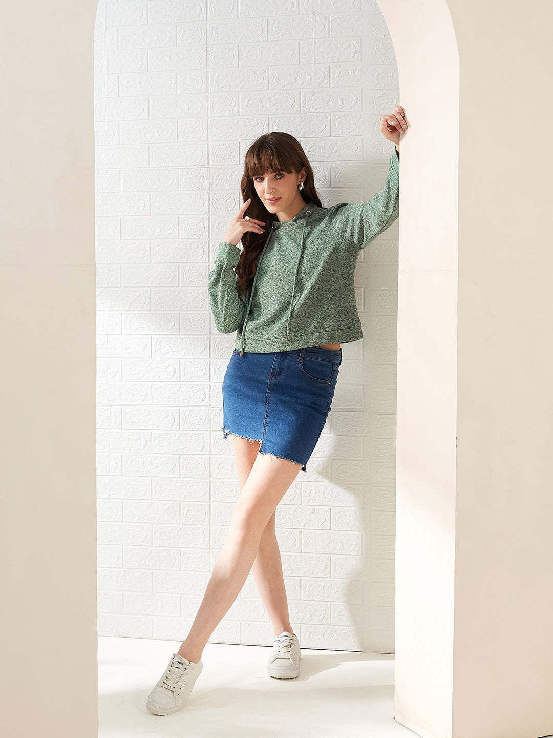 Latin Quarters Women's Green Full Sleeves Stand Collar Self Design Casual Crop Sweatshirt