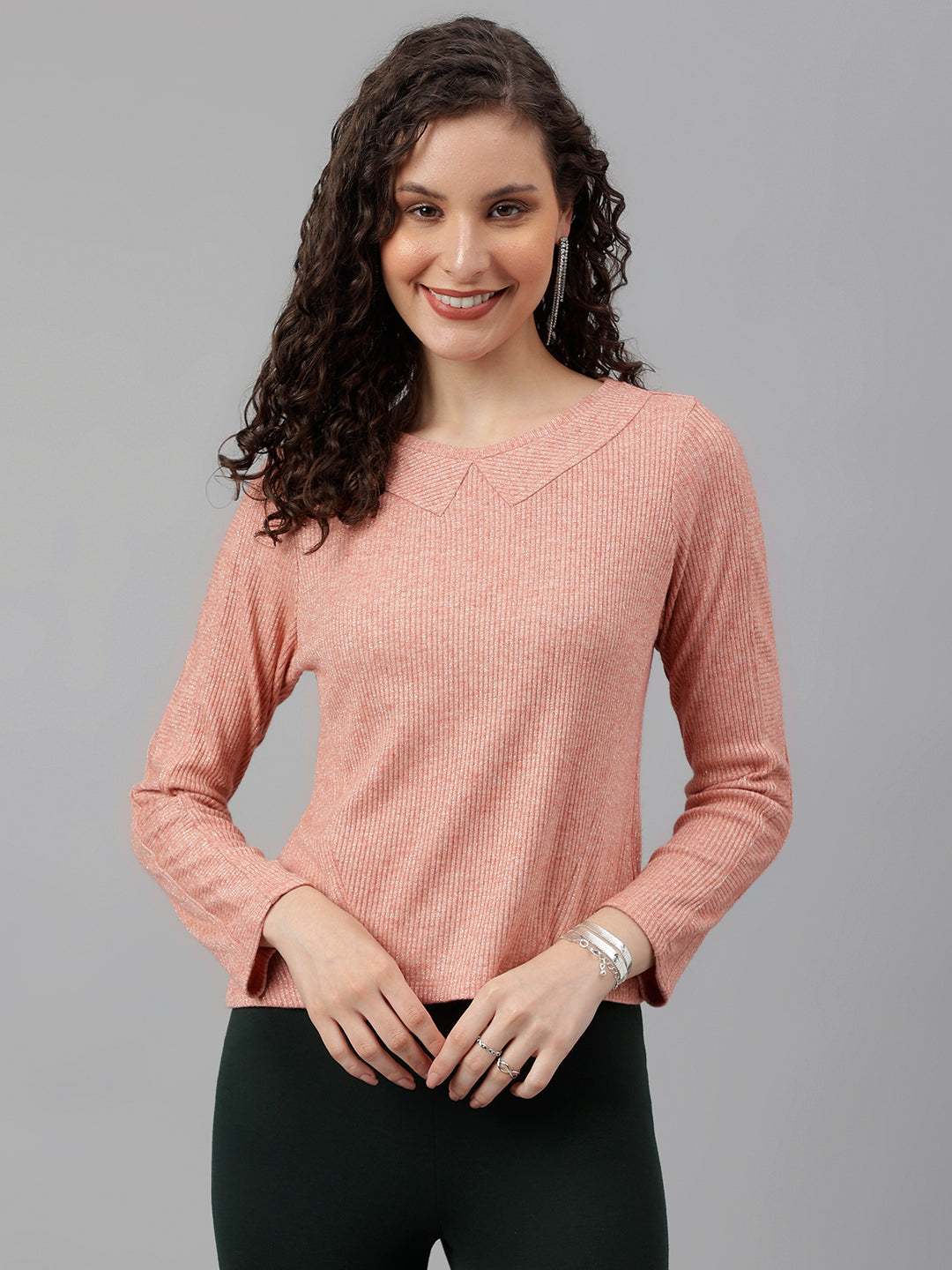 Peach Full Sleeve Solid Knit Top