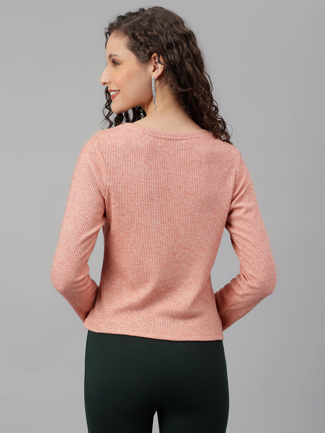 Peach Full Sleeve Solid Knit Top