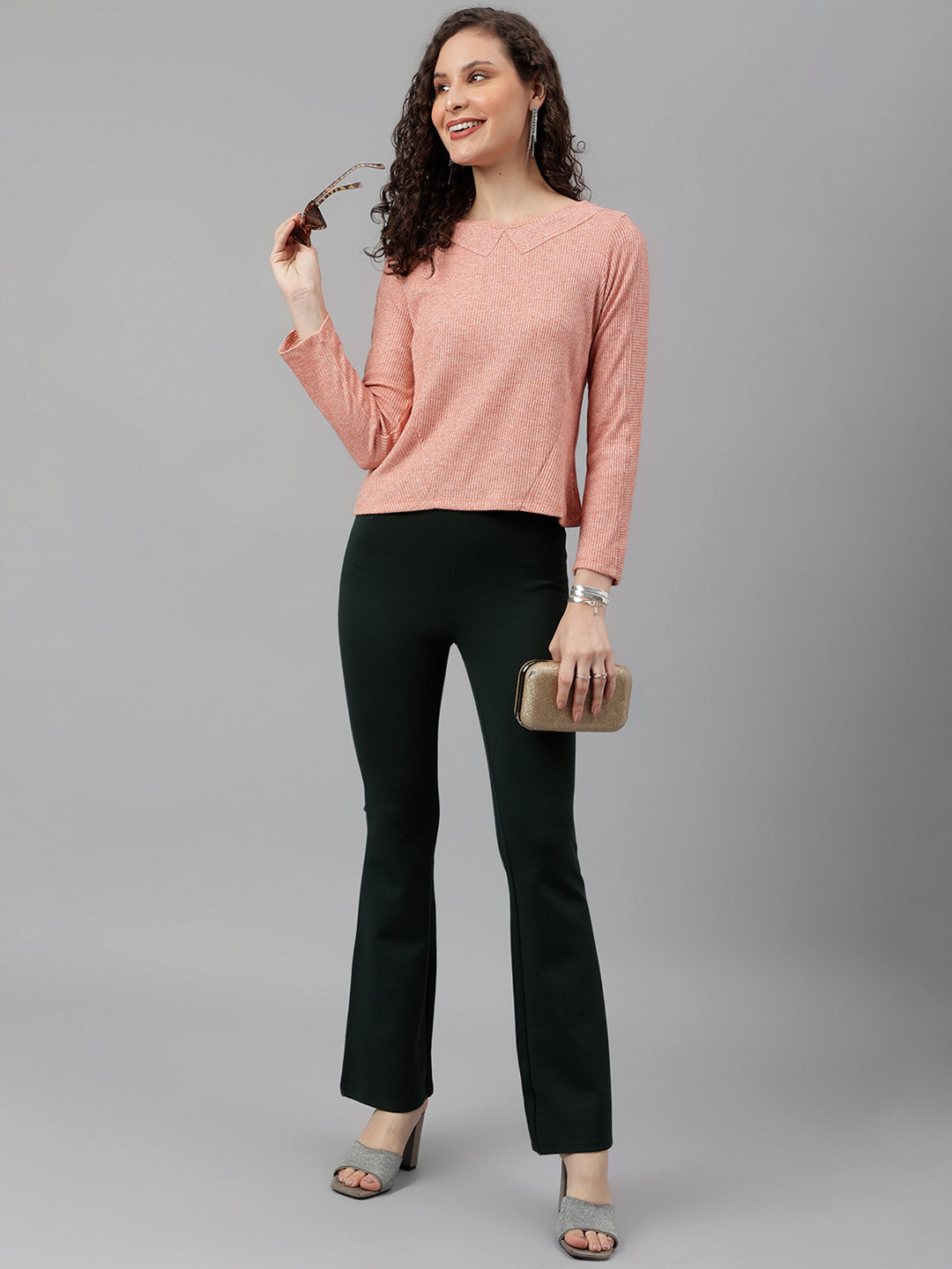 Peach Full Sleeve Solid Knit Top