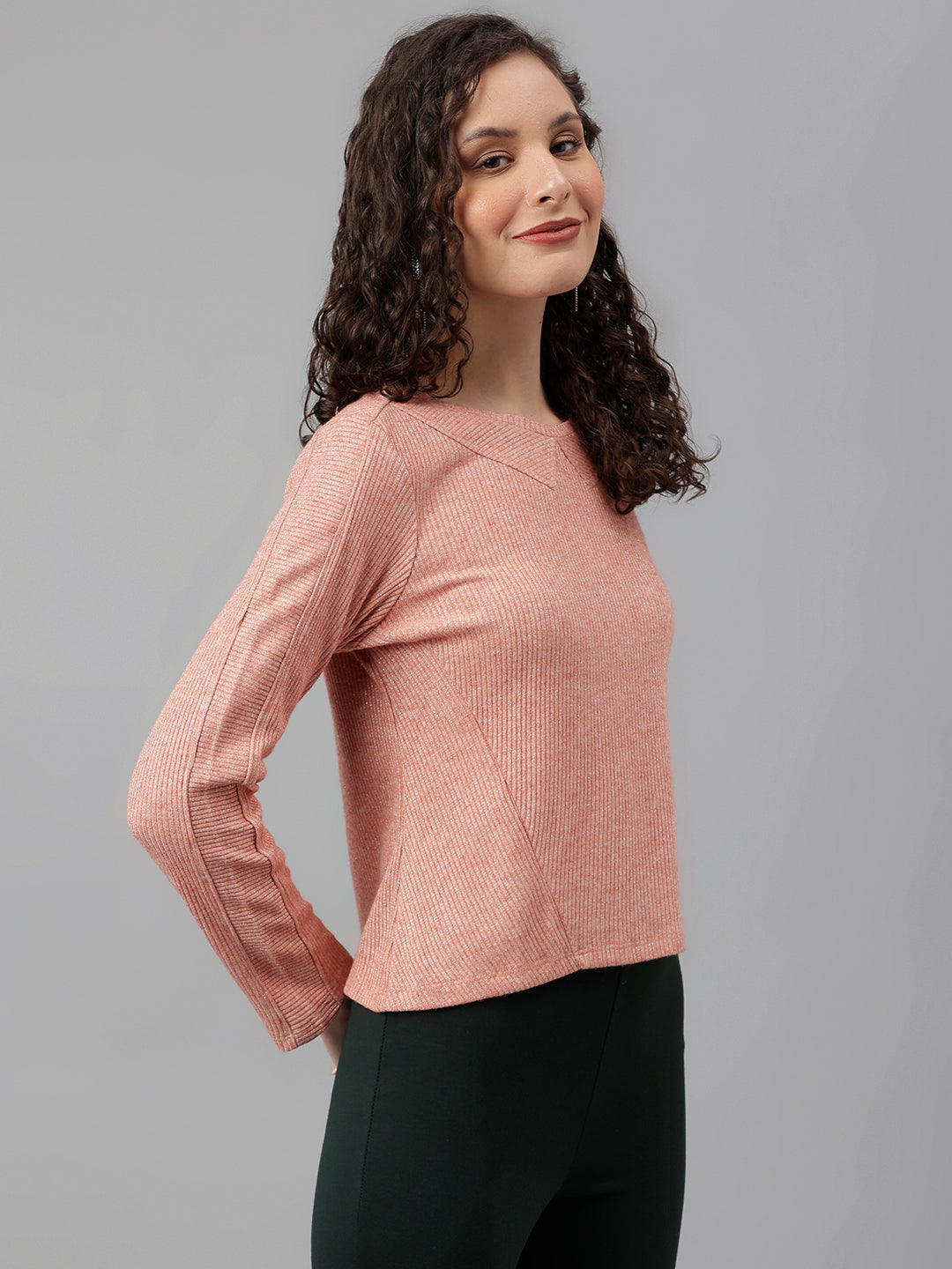 Peach Full Sleeve Solid Knit Top