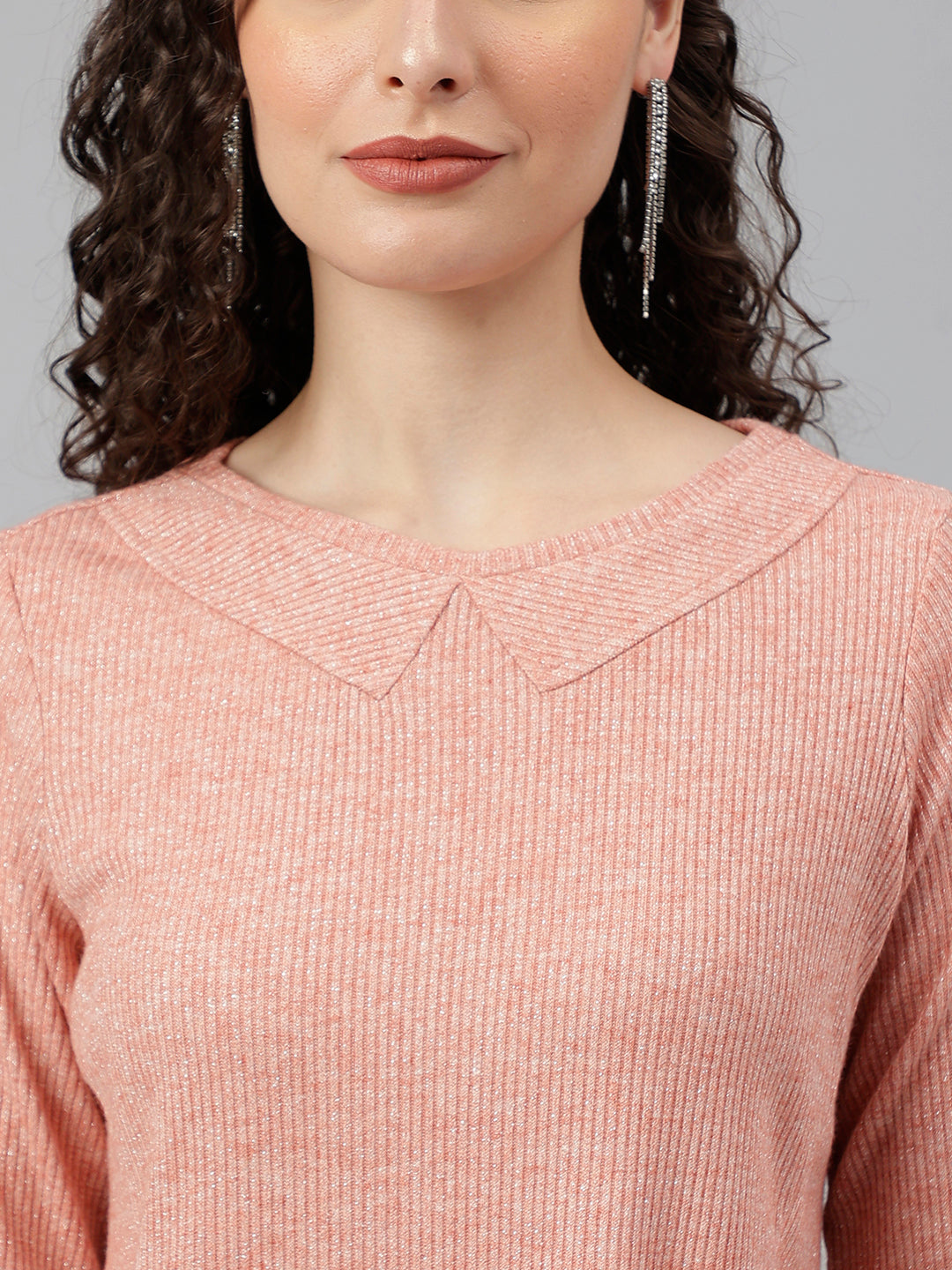 Peach Full Sleeve Solid Knit Top