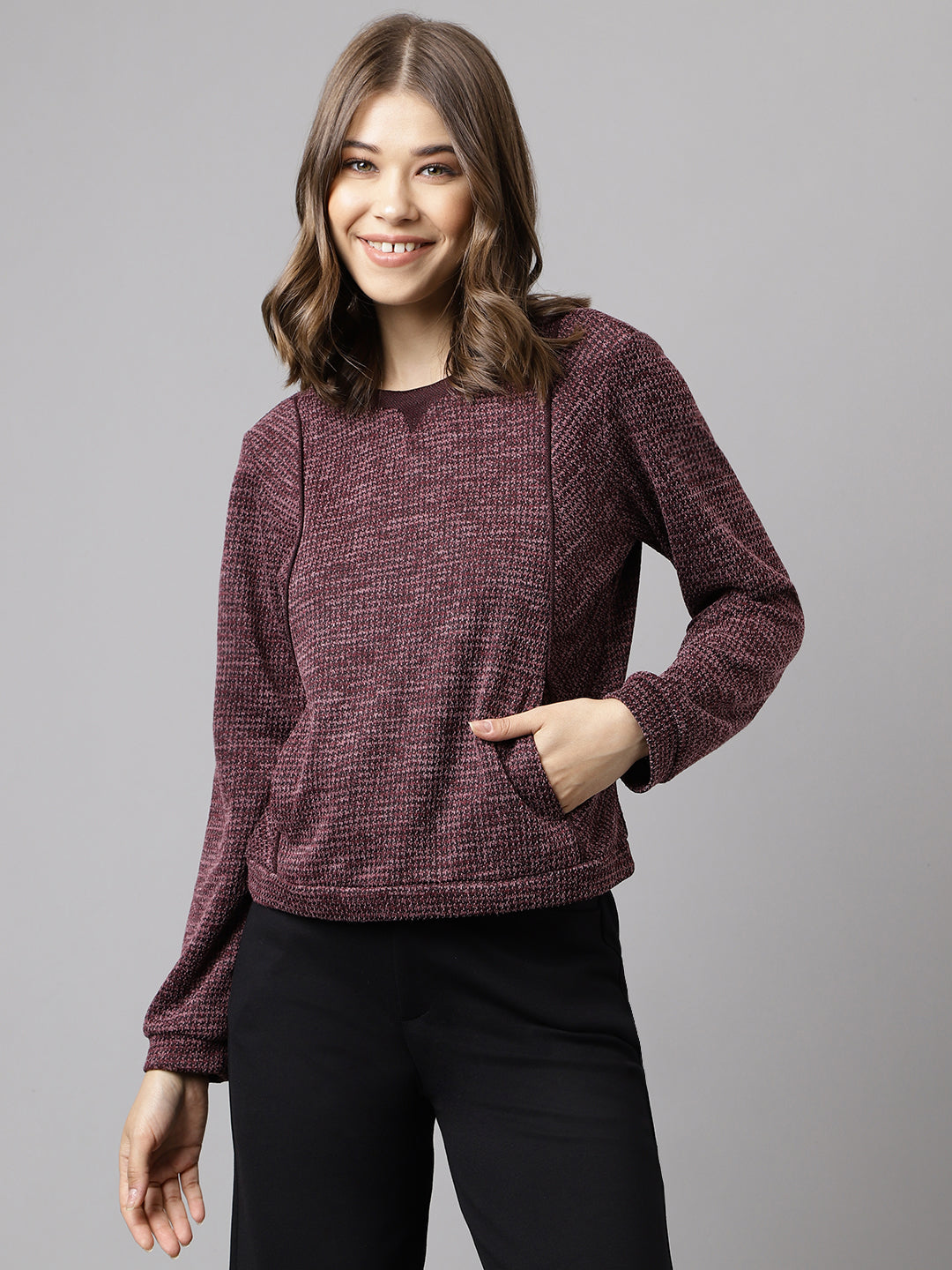 Wine Full Sleeve Solid Knit Top