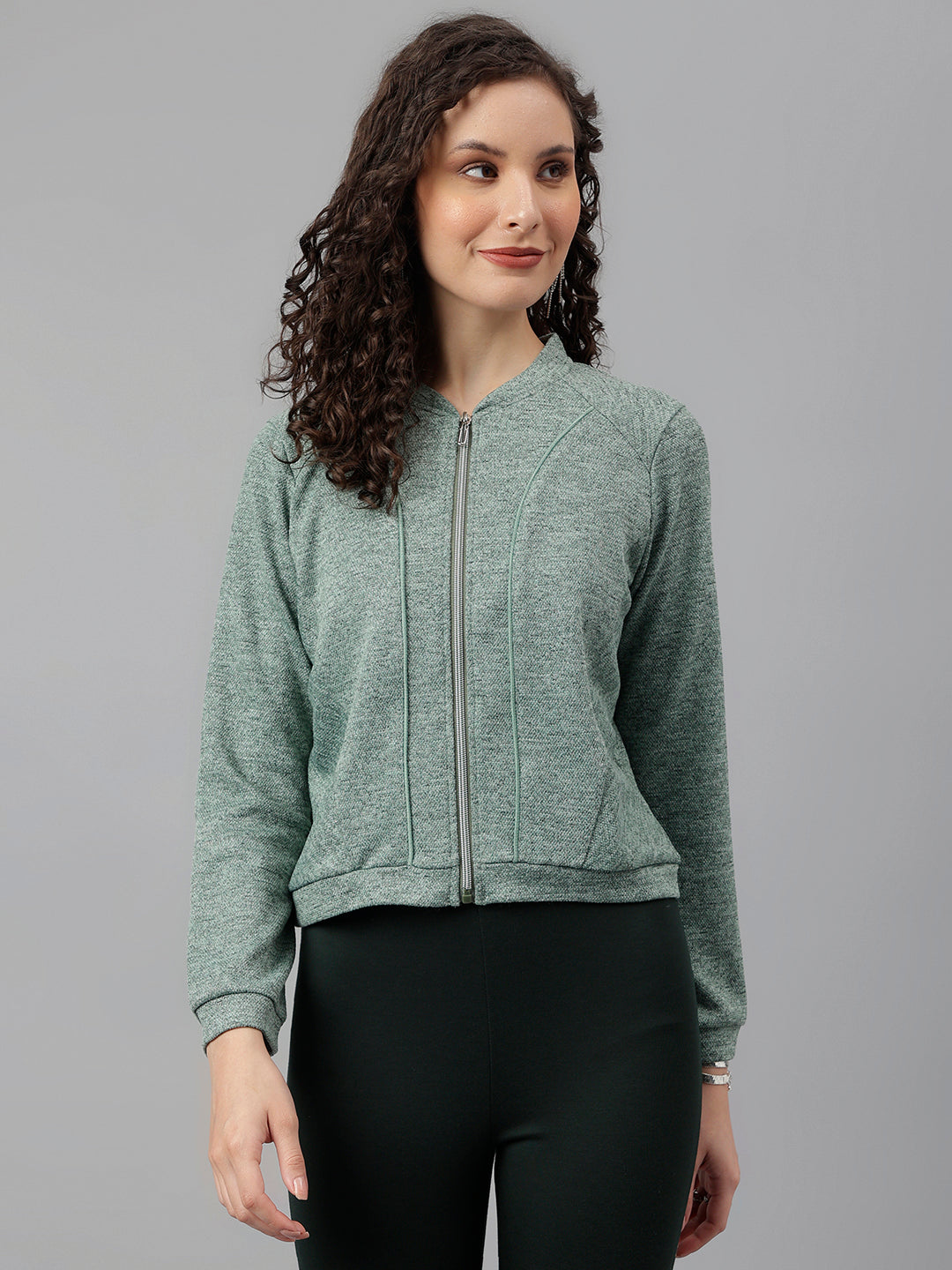 Green Full Sleeve Solid Sweatshirt Knit Top