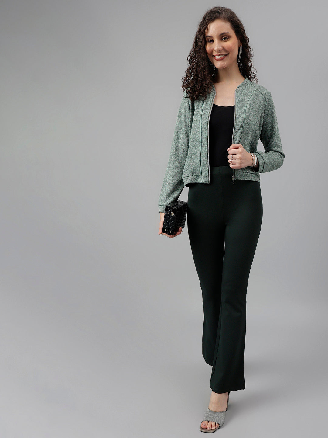 Green Full Sleeve Solid Sweatshirt Knit Top