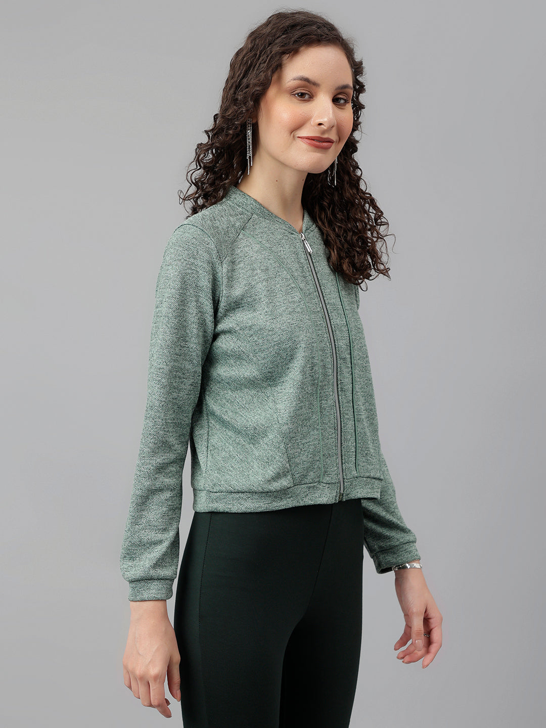 Green Full Sleeve Solid Sweatshirt Knit Top