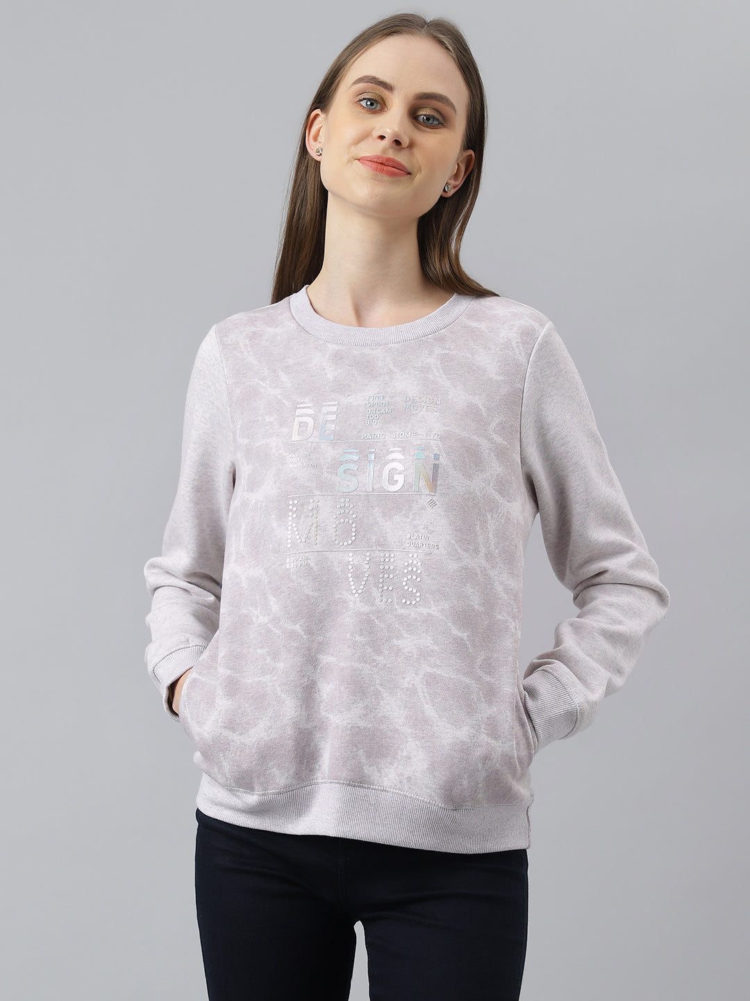 Lilac Full Sleeve Round Neck Solid Sweatshirt Knit Top For Women
