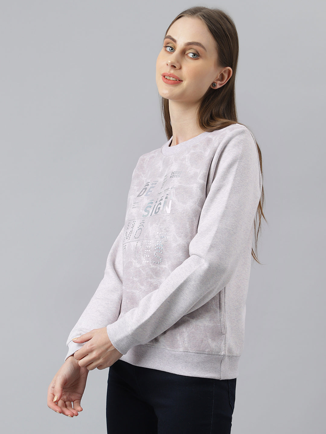 Lilac Full Sleeve Round Neck Solid Sweatshirt Knit Top For Women