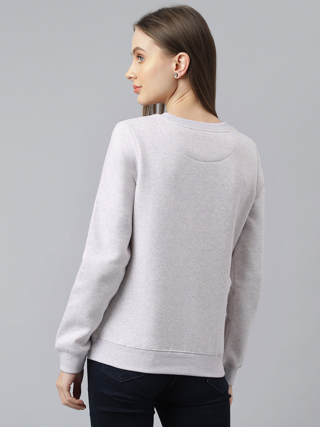 Lilac Full Sleeve Round Neck Solid Sweatshirt Knit Top For Women