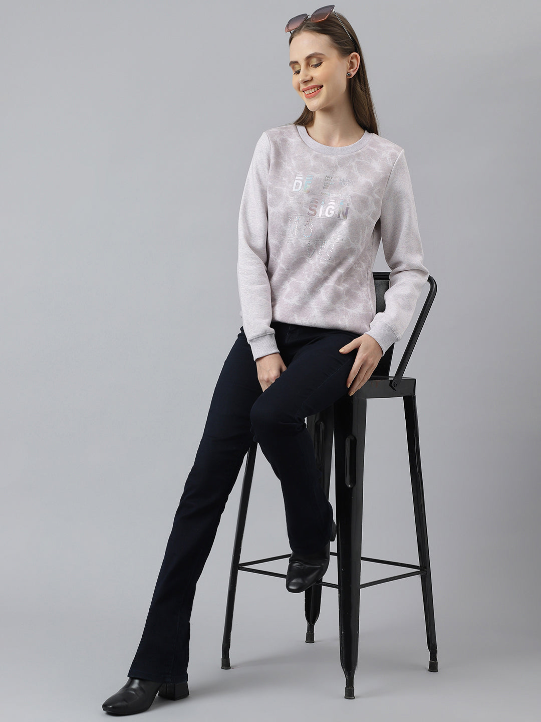 Lilac Full Sleeve Round Neck Solid Sweatshirt Knit Top For Women