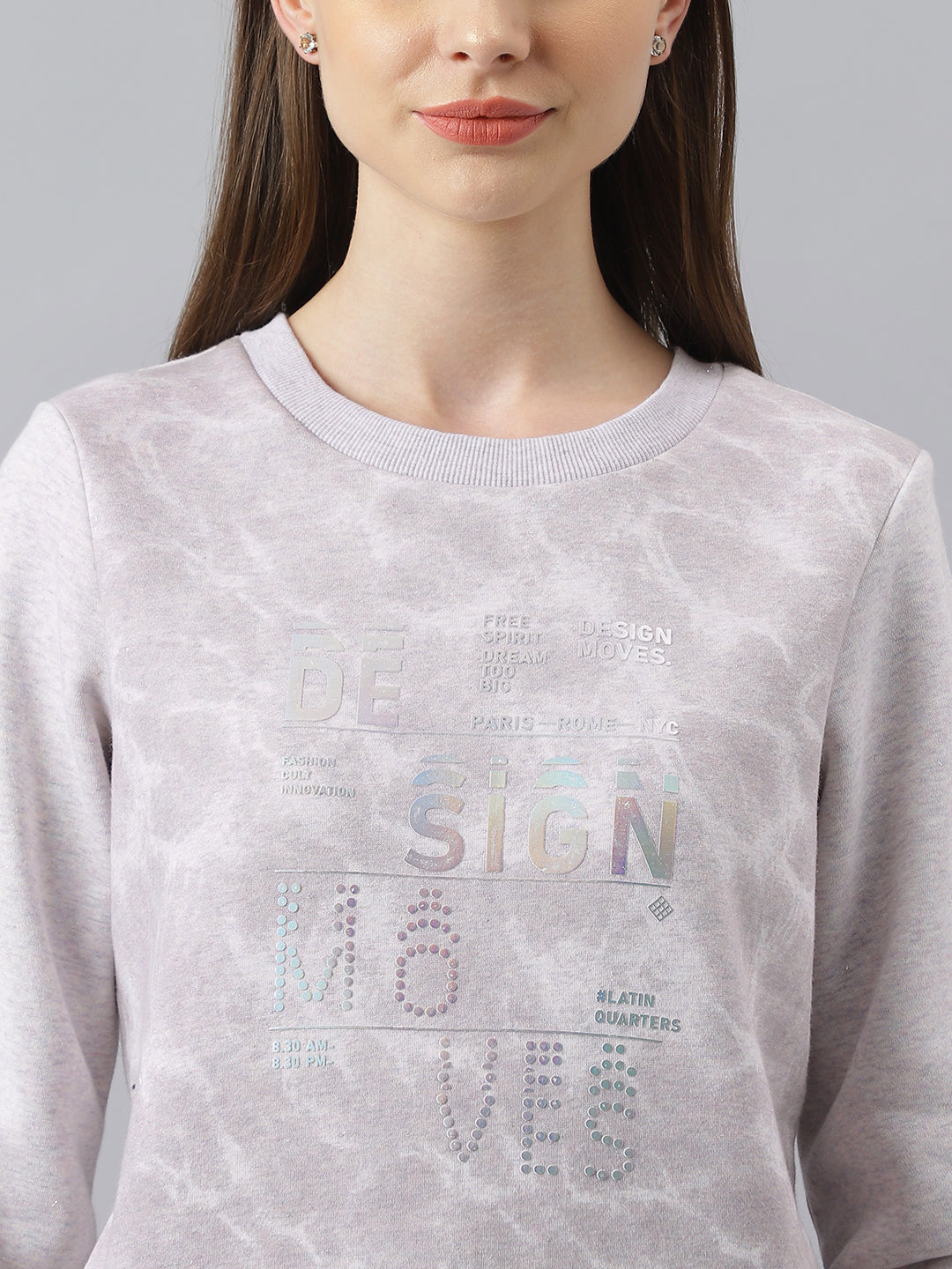 Lilac Full Sleeve Round Neck Solid Sweatshirt Knit Top For Women