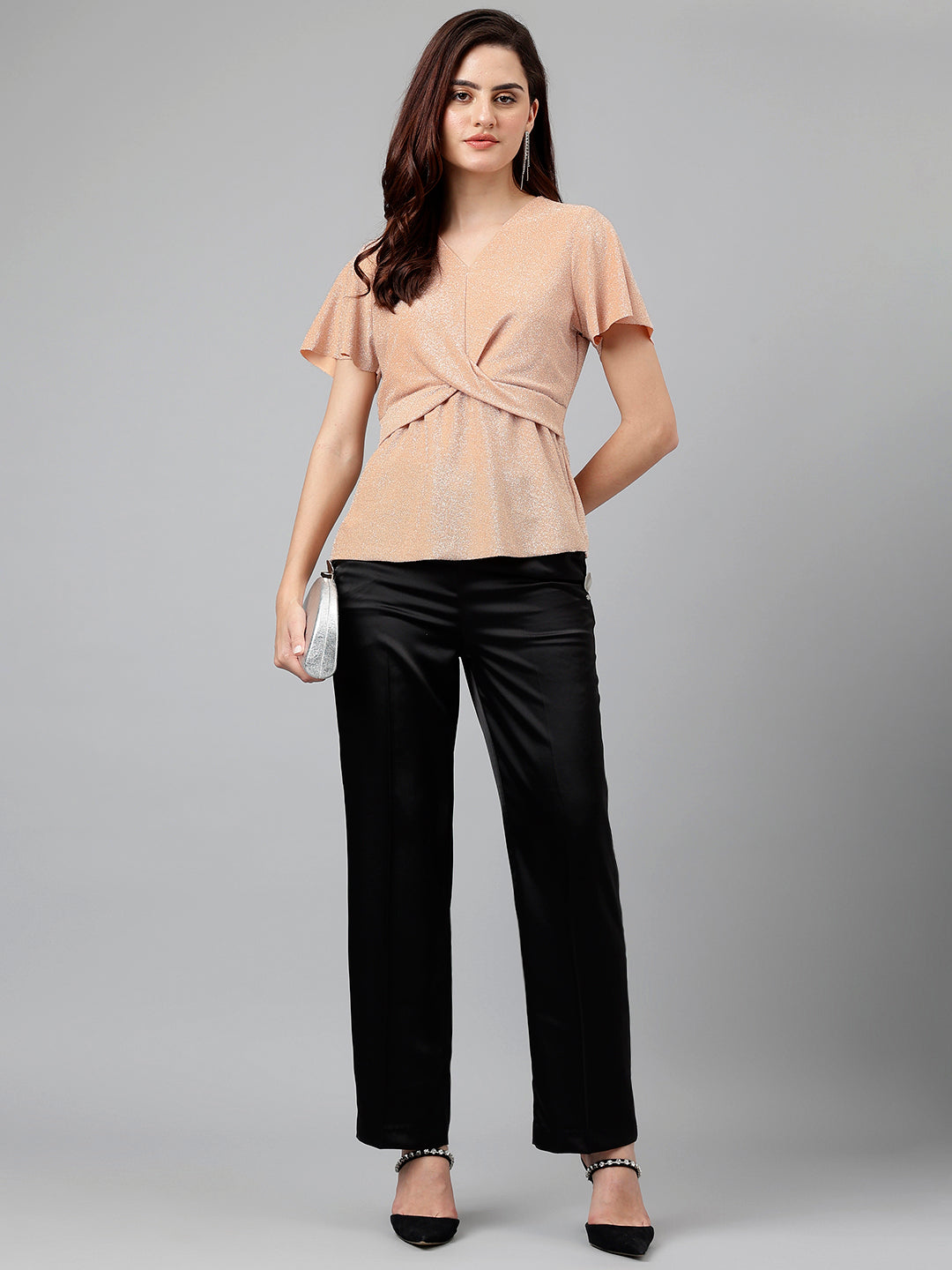 Peach Solid Nylon Stretch Knit Top