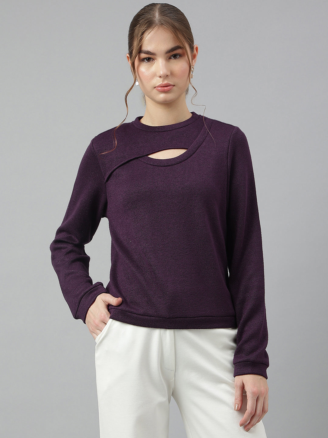 Plum Round Neck Long Sleeves Solid Top For Casual Wear