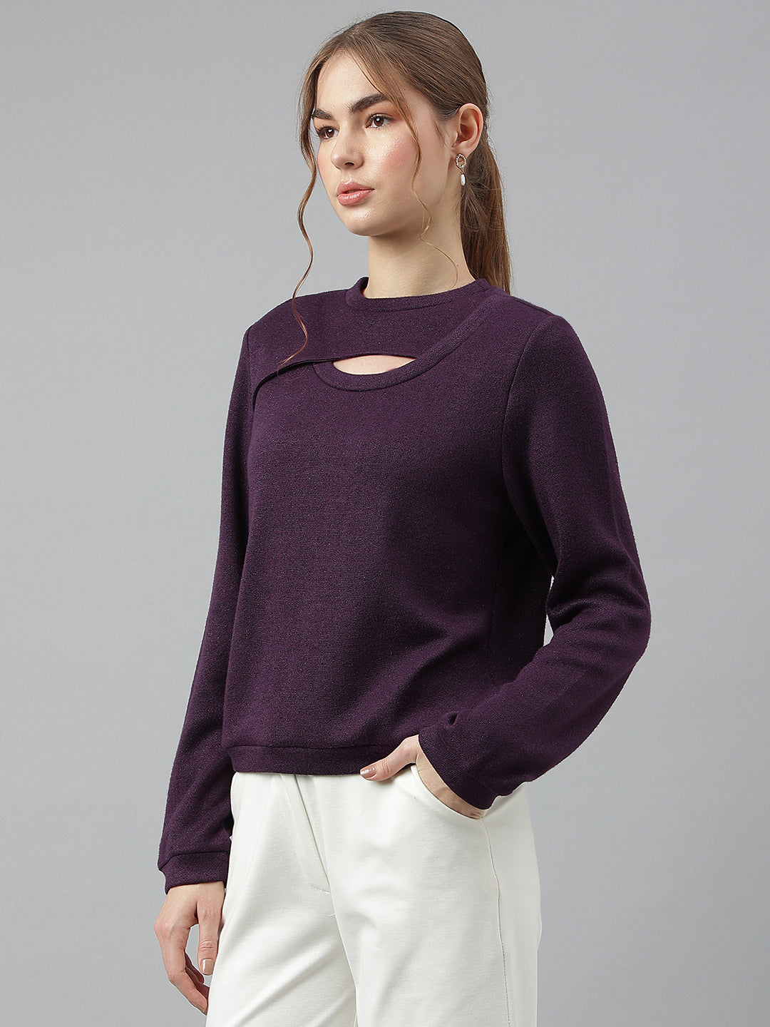Plum Round Neck Long Sleeves Solid Top For Casual Wear