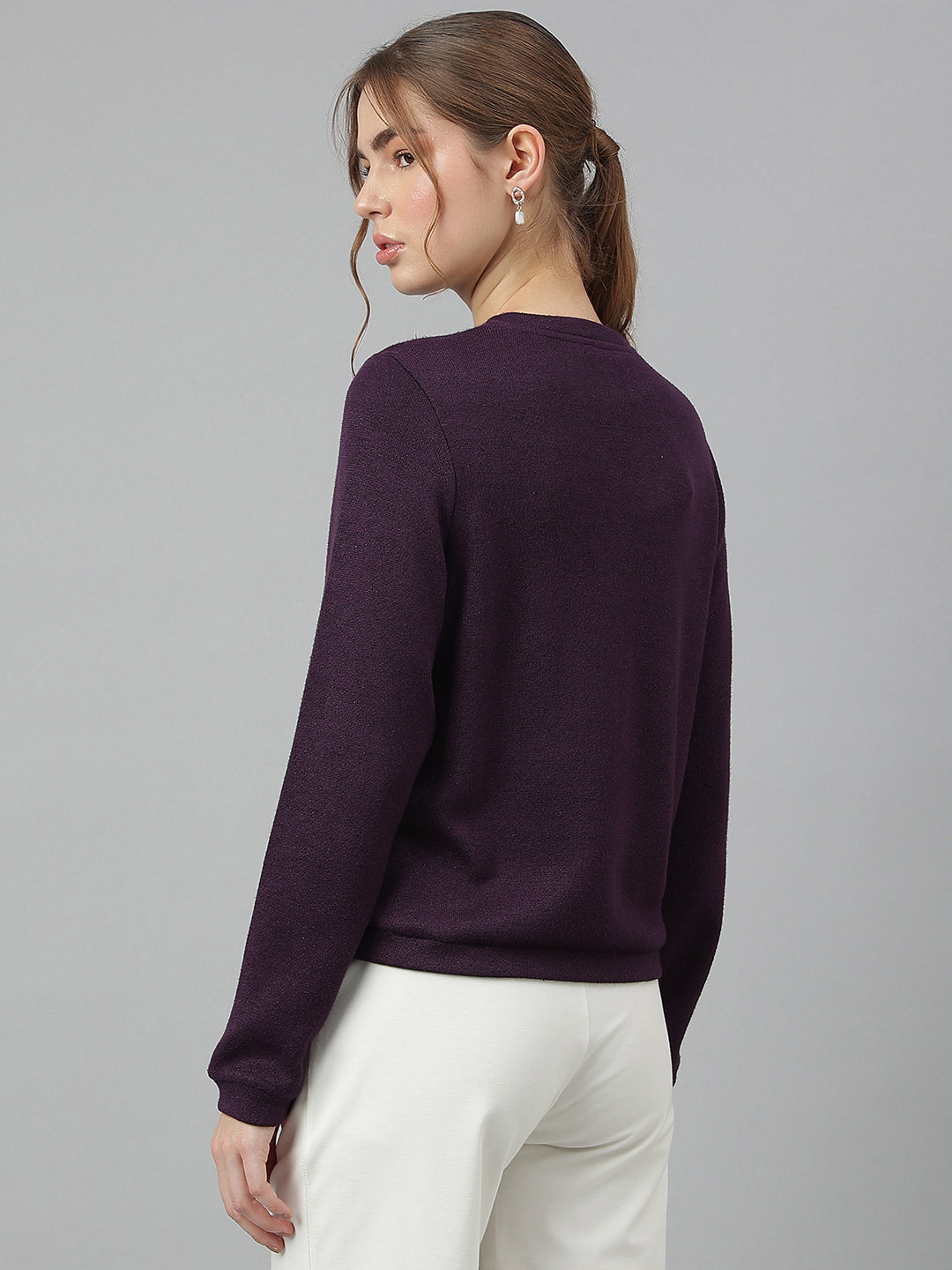 Plum Round Neck Long Sleeves Solid Top For Casual Wear