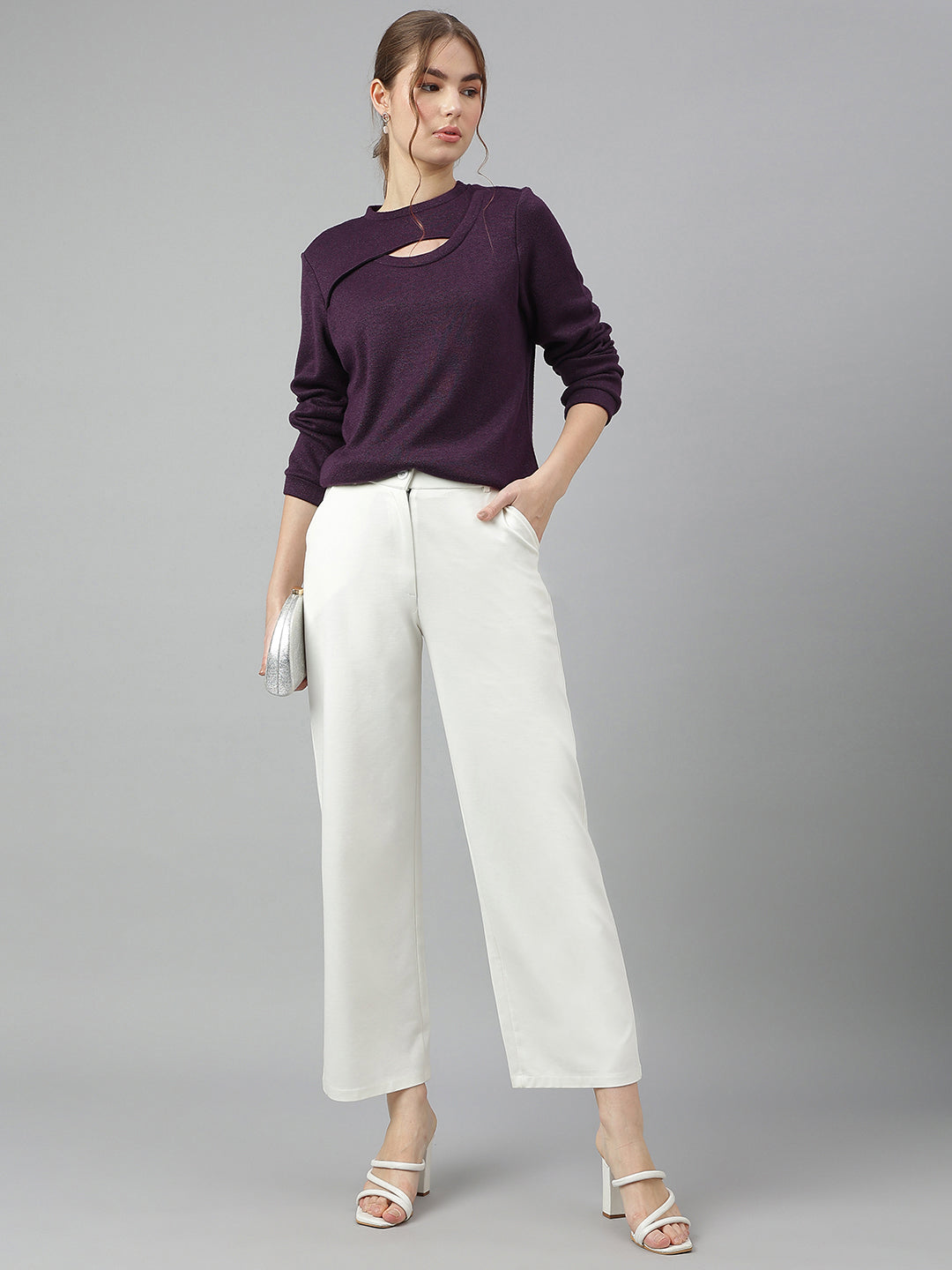 Plum Round Neck Long Sleeves Solid Top For Casual Wear