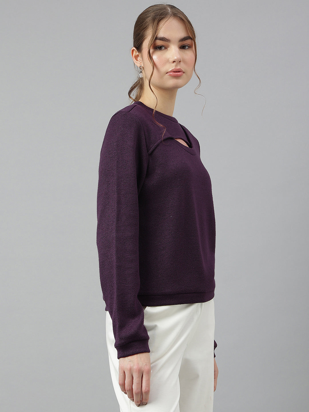 Plum Round Neck Long Sleeves Solid Top For Casual Wear