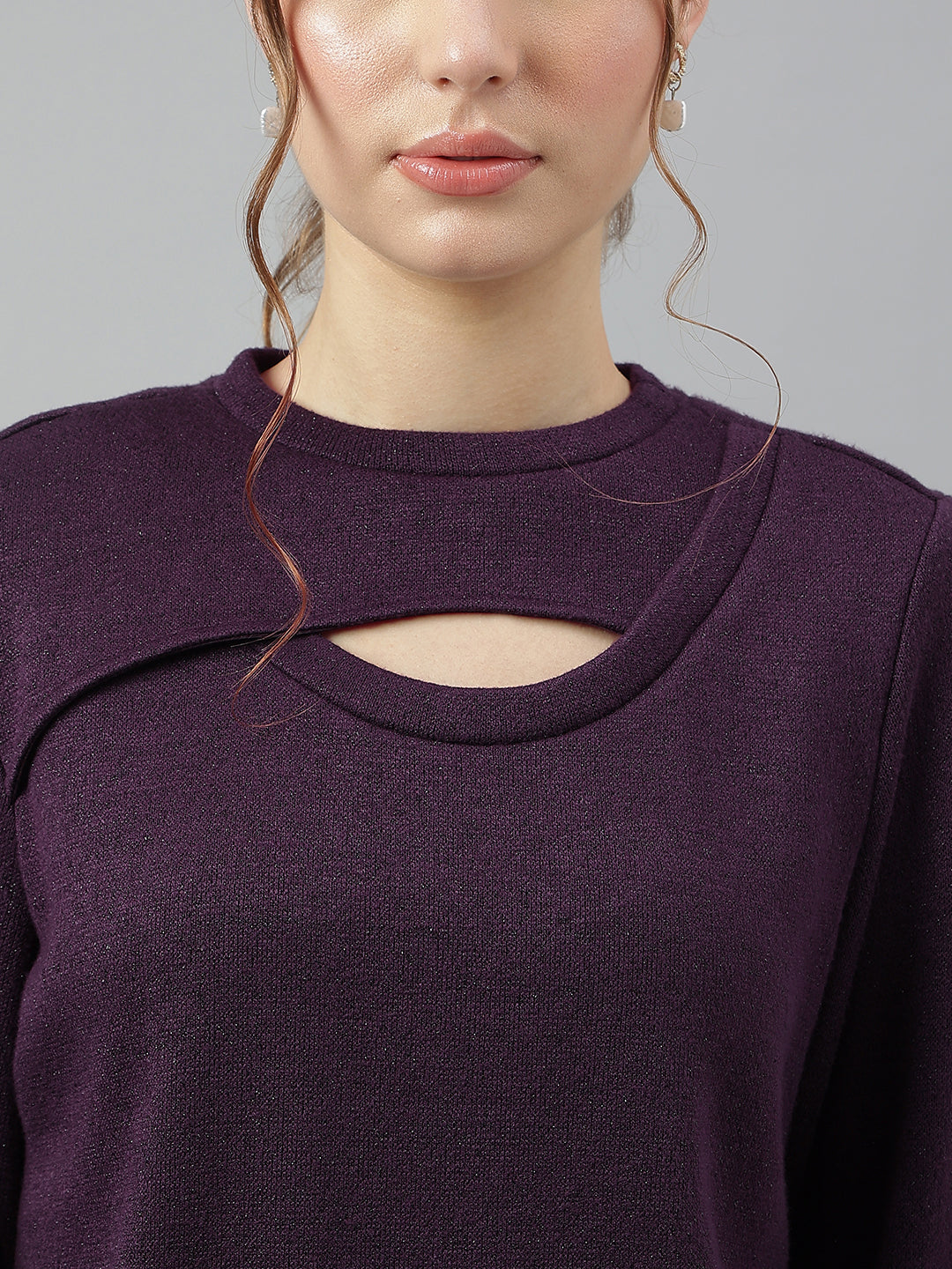 Plum Round Neck Long Sleeves Solid Top For Casual Wear
