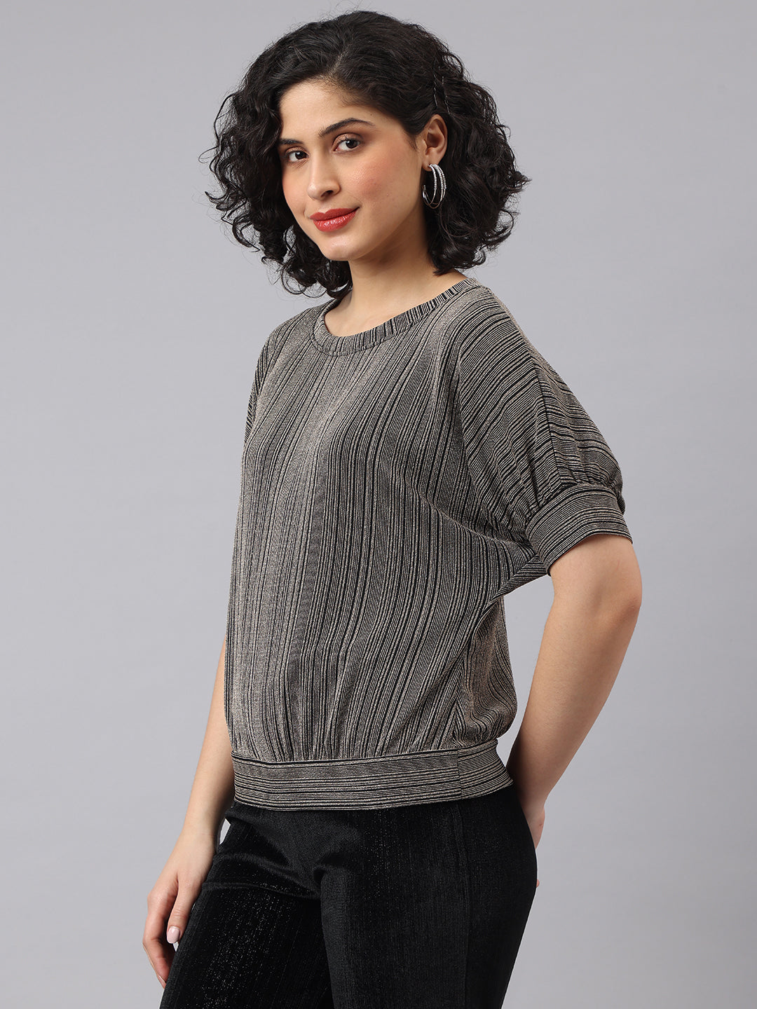 Essential Black Half Sleeve Round Neck Solid Casual Top For Everyday Wear