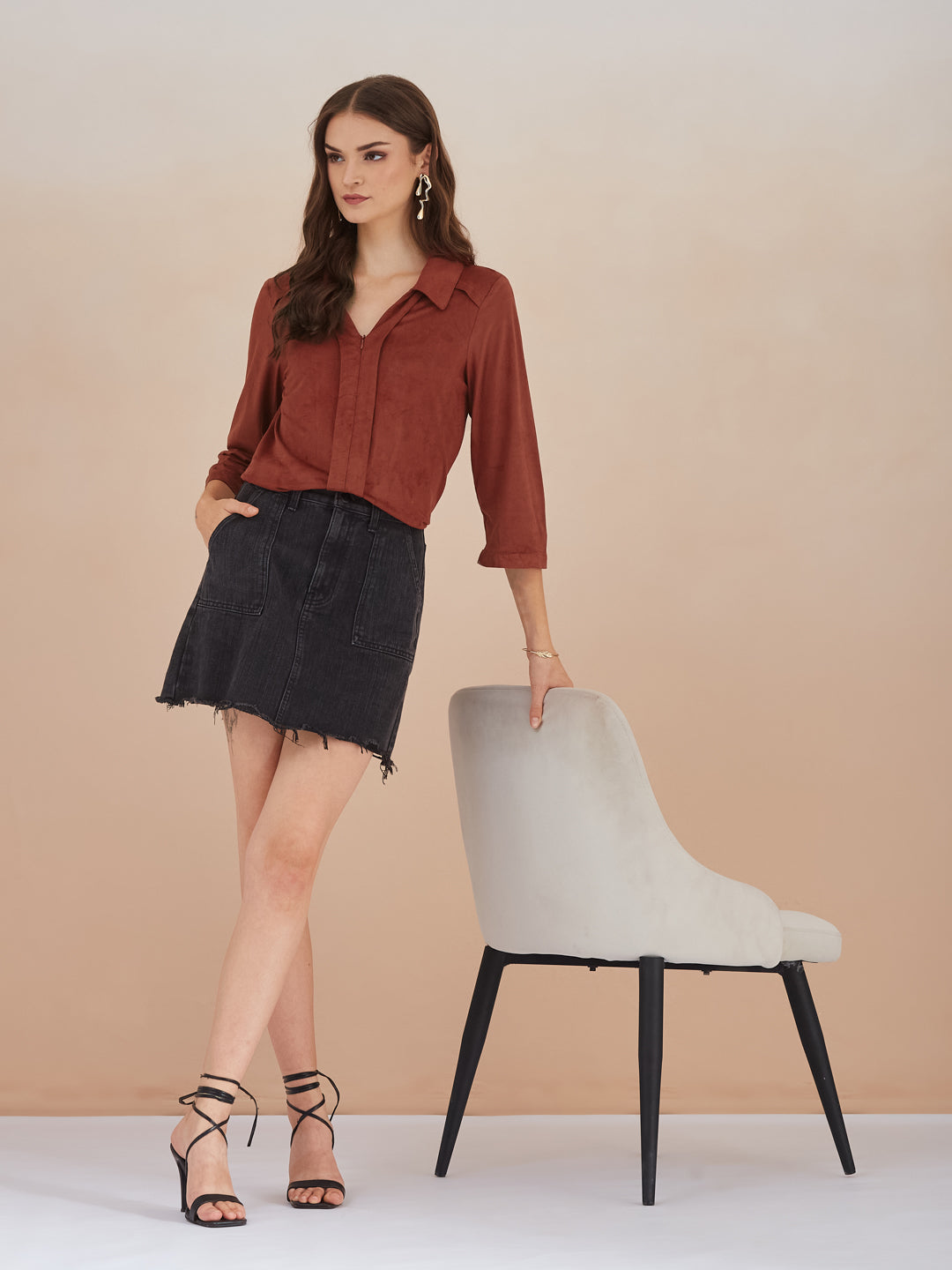 Latin Quarters Women Rust Collared 3/4th Sleeve Solid Top For Casual Wear