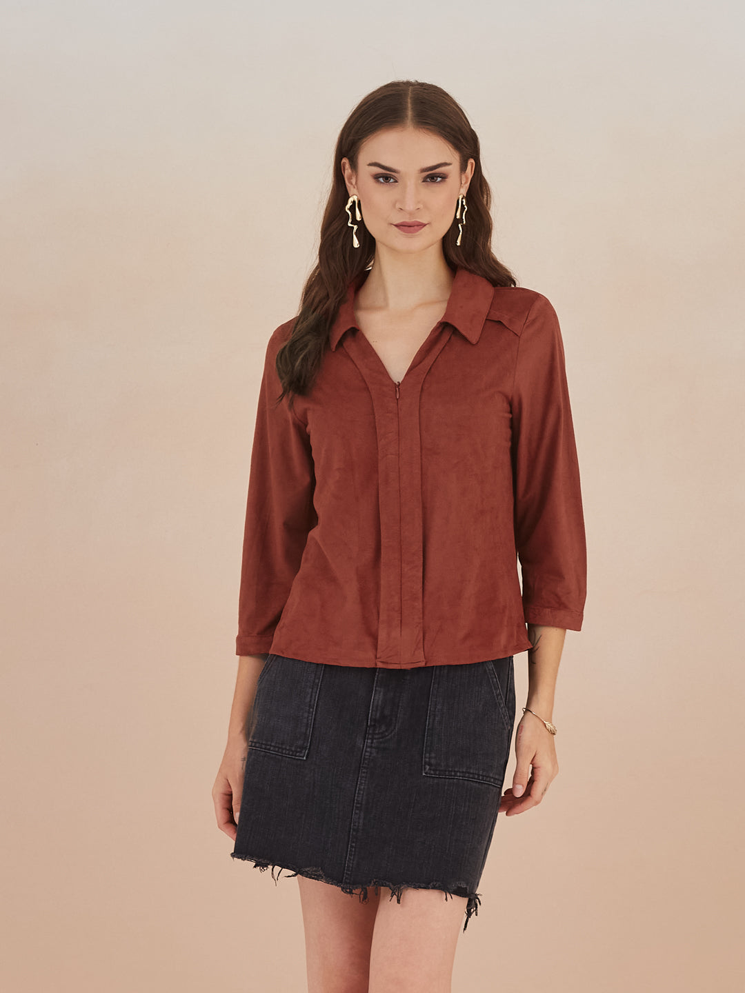 Latin Quarters Women Rust Collared 3/4th Sleeve Solid Top For Casual Wear